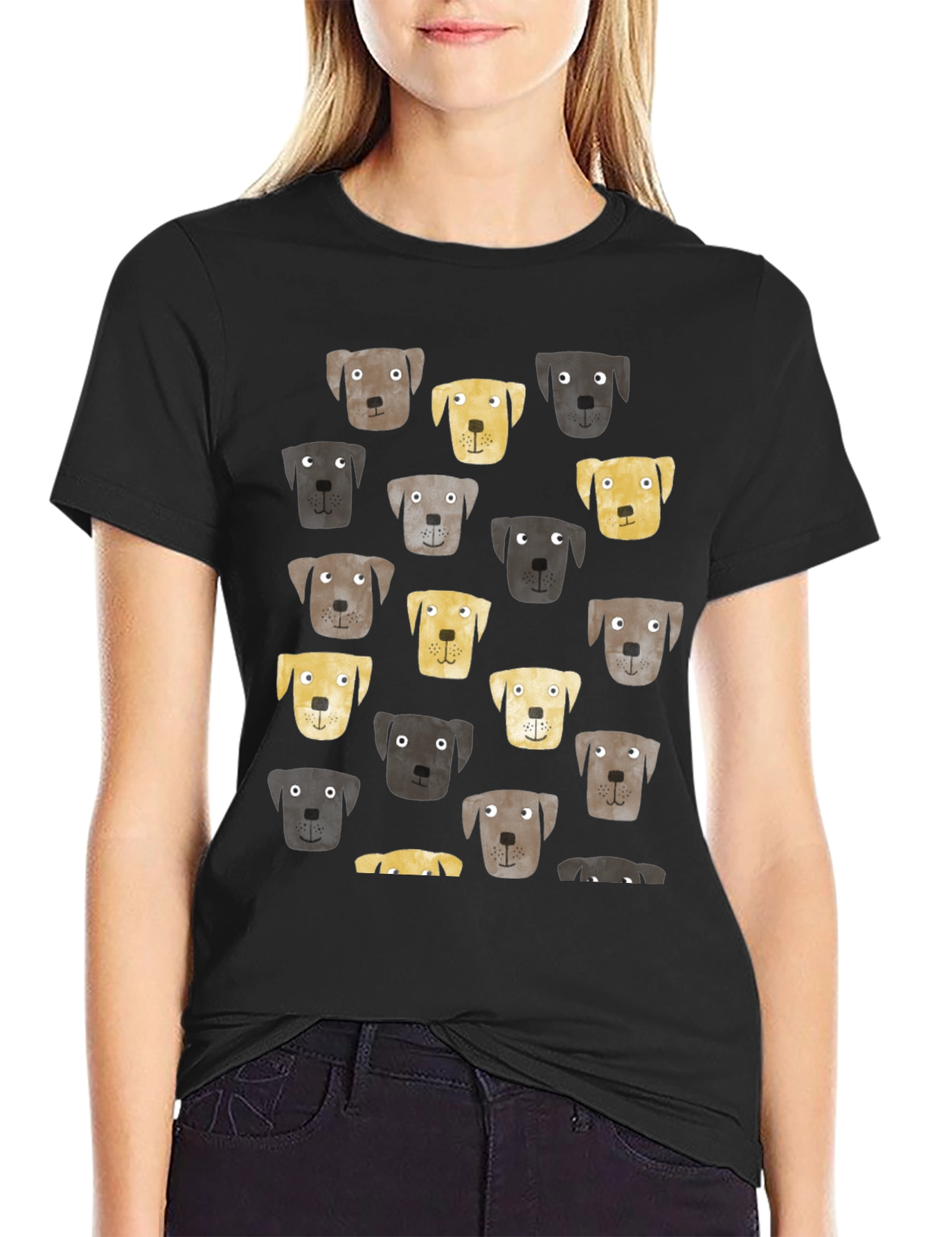 Dog Face Pattern Black T-Shirt