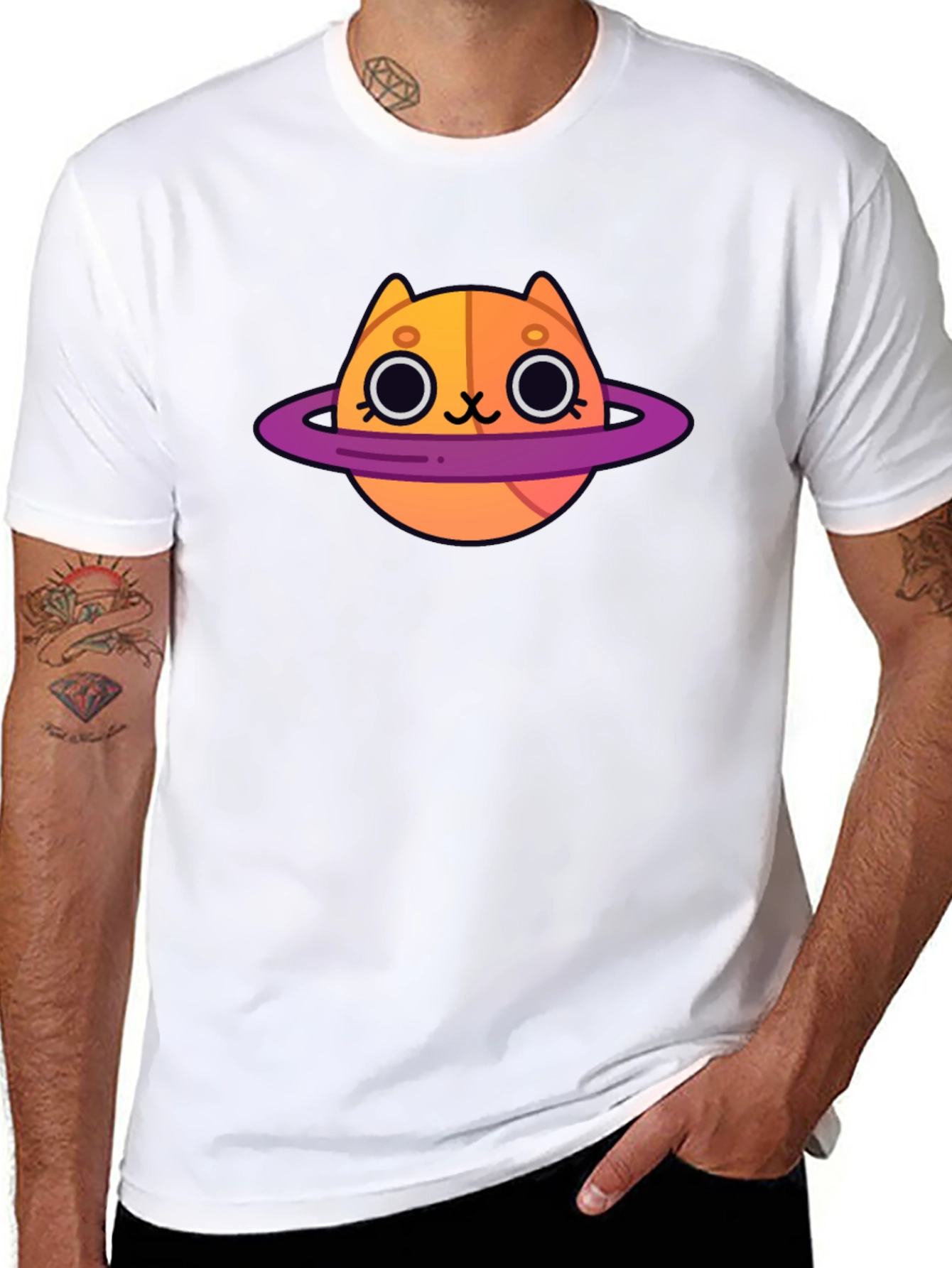 Cute Cartoon Cat Planet Graphic T-Shirt