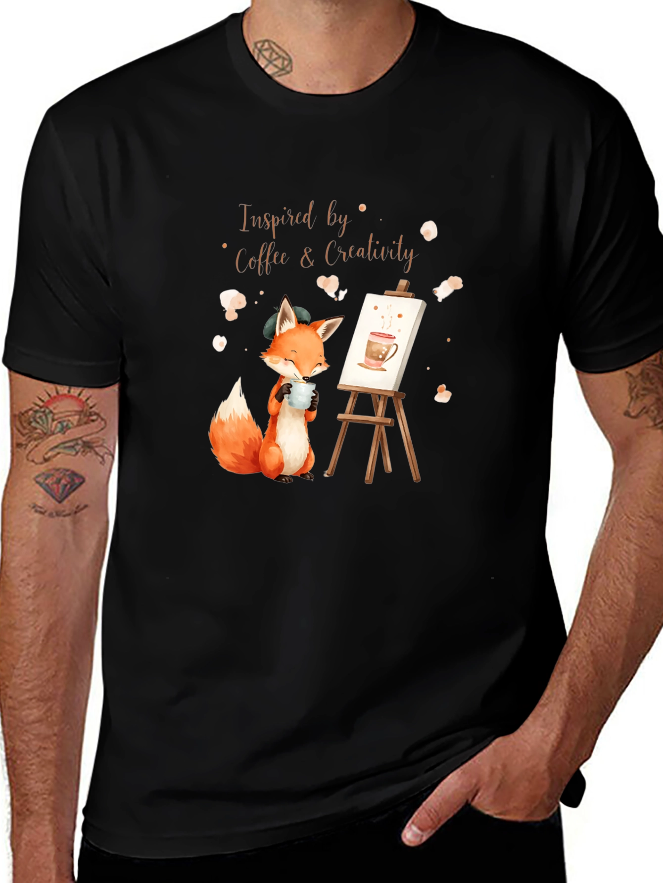 Coffee & Creativity T-Shirt: Artistic Fox Design