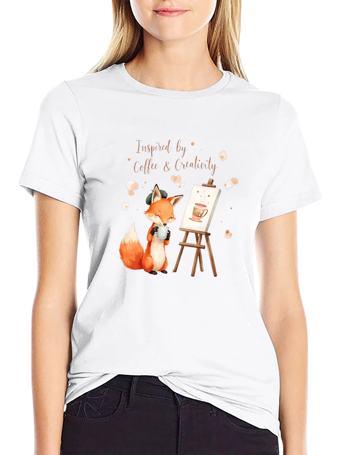 Coffee & Creativity T-Shirt: Artistic Fox Design