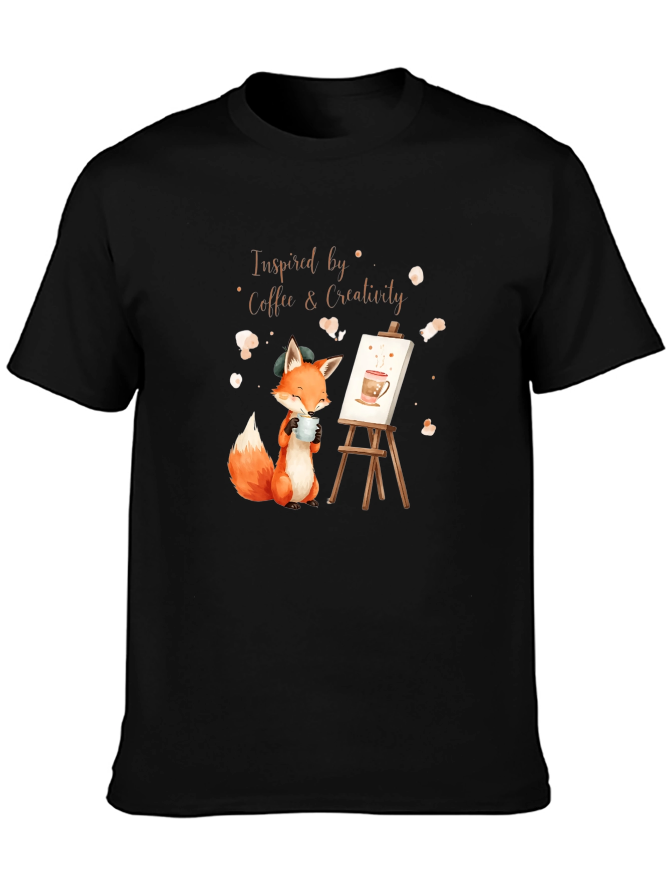Coffee & Creativity T-Shirt: Artistic Fox Design
