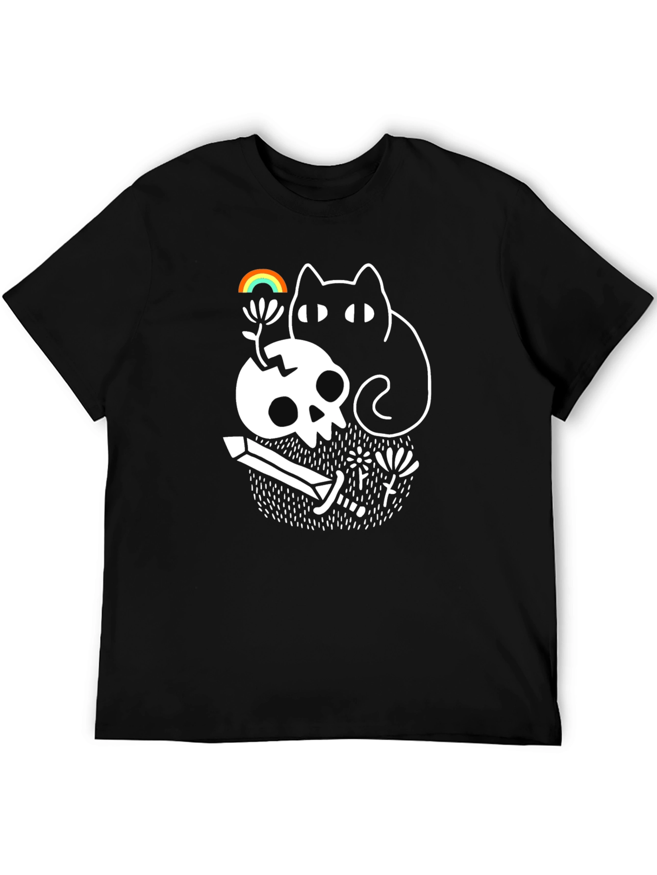 Skull Cat Rainbow Graphic Tee - Black Unisex T-Shirt