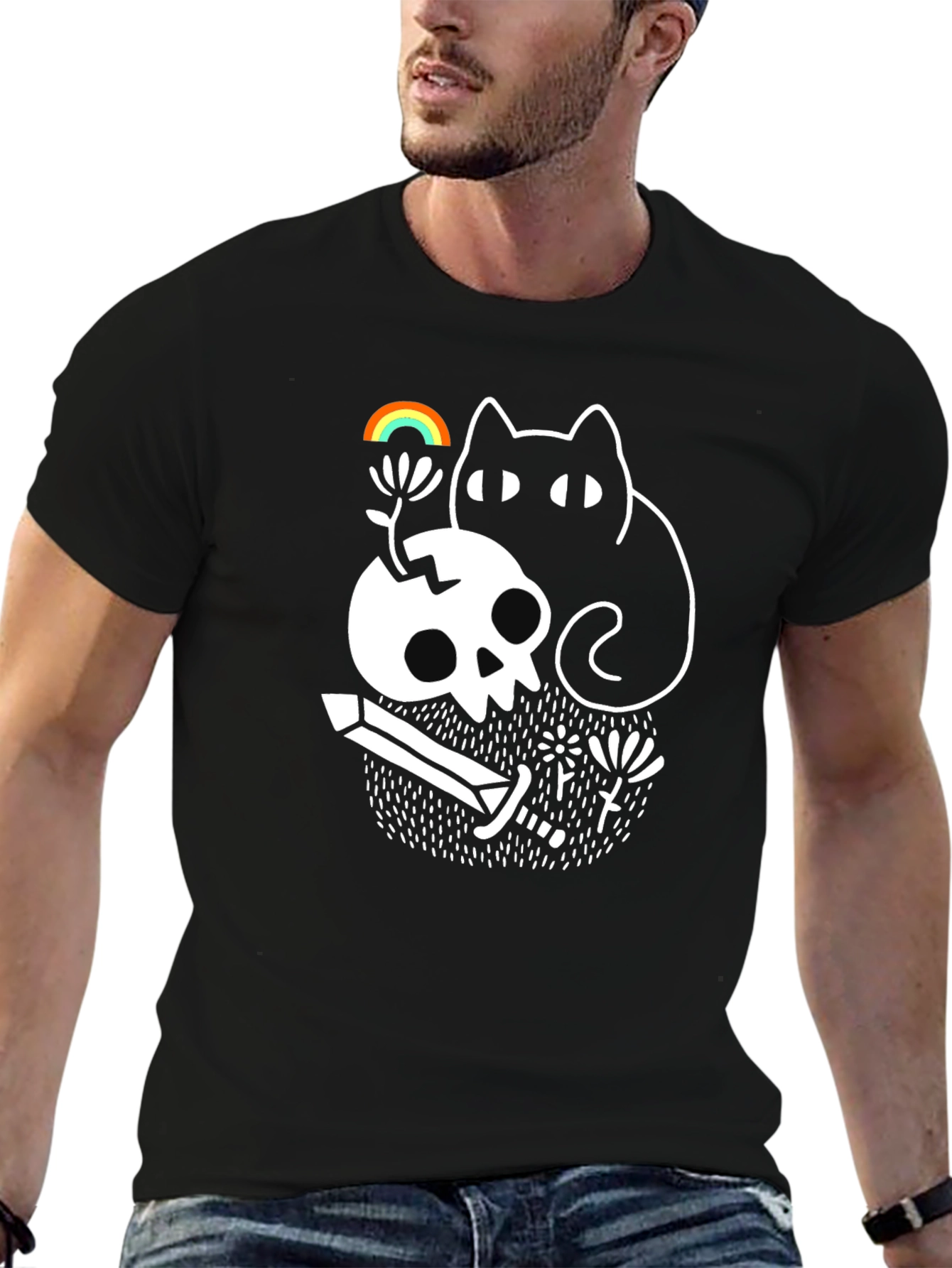 Skull Cat Rainbow Graphic Tee - Black Unisex T-Shirt