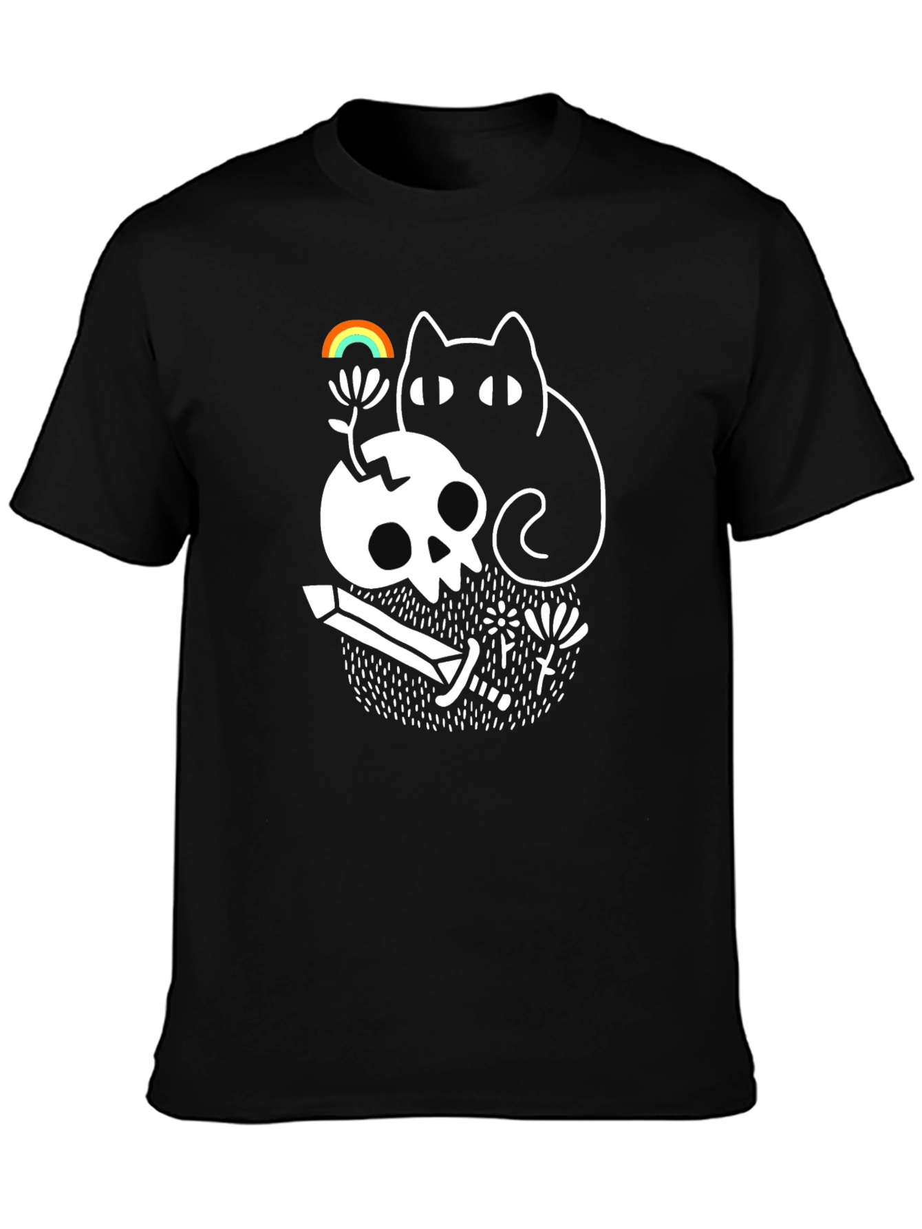 Skull Cat Rainbow Graphic Tee - Black Unisex T-Shirt