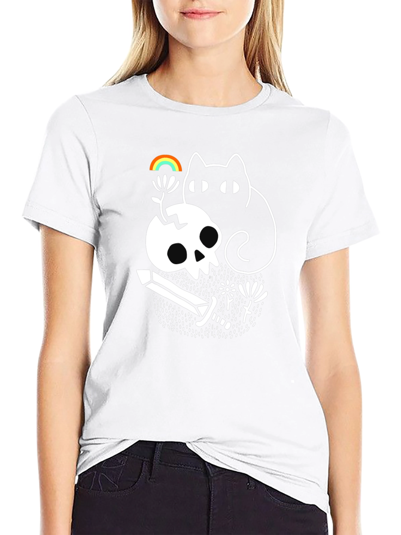 Skull Cat Rainbow Graphic Tee - Black Unisex T-Shirt
