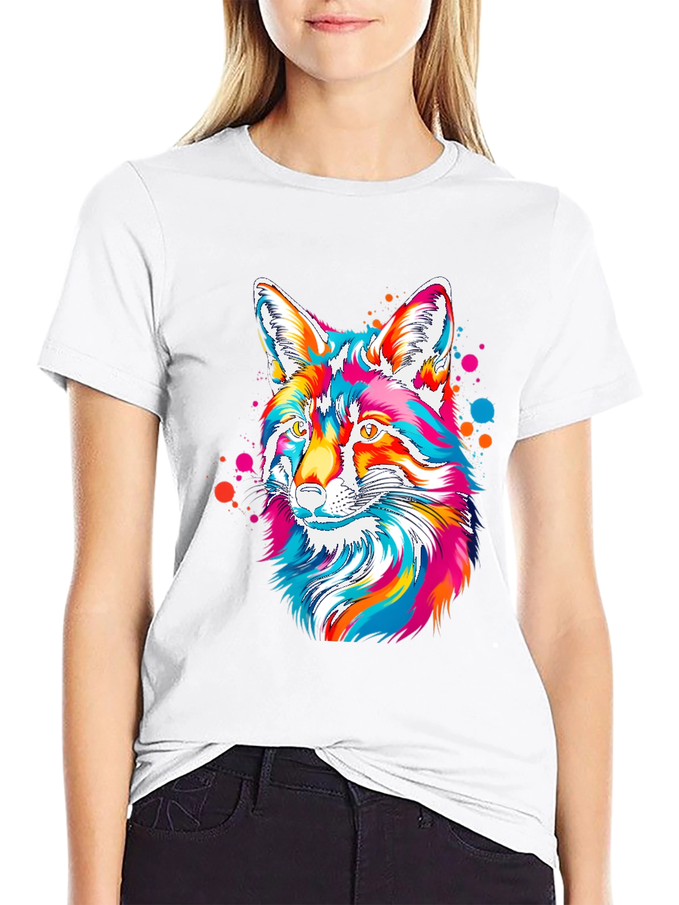 Vibrant Fox Graphic Tee - Artistic Crew Neck T-Shirt