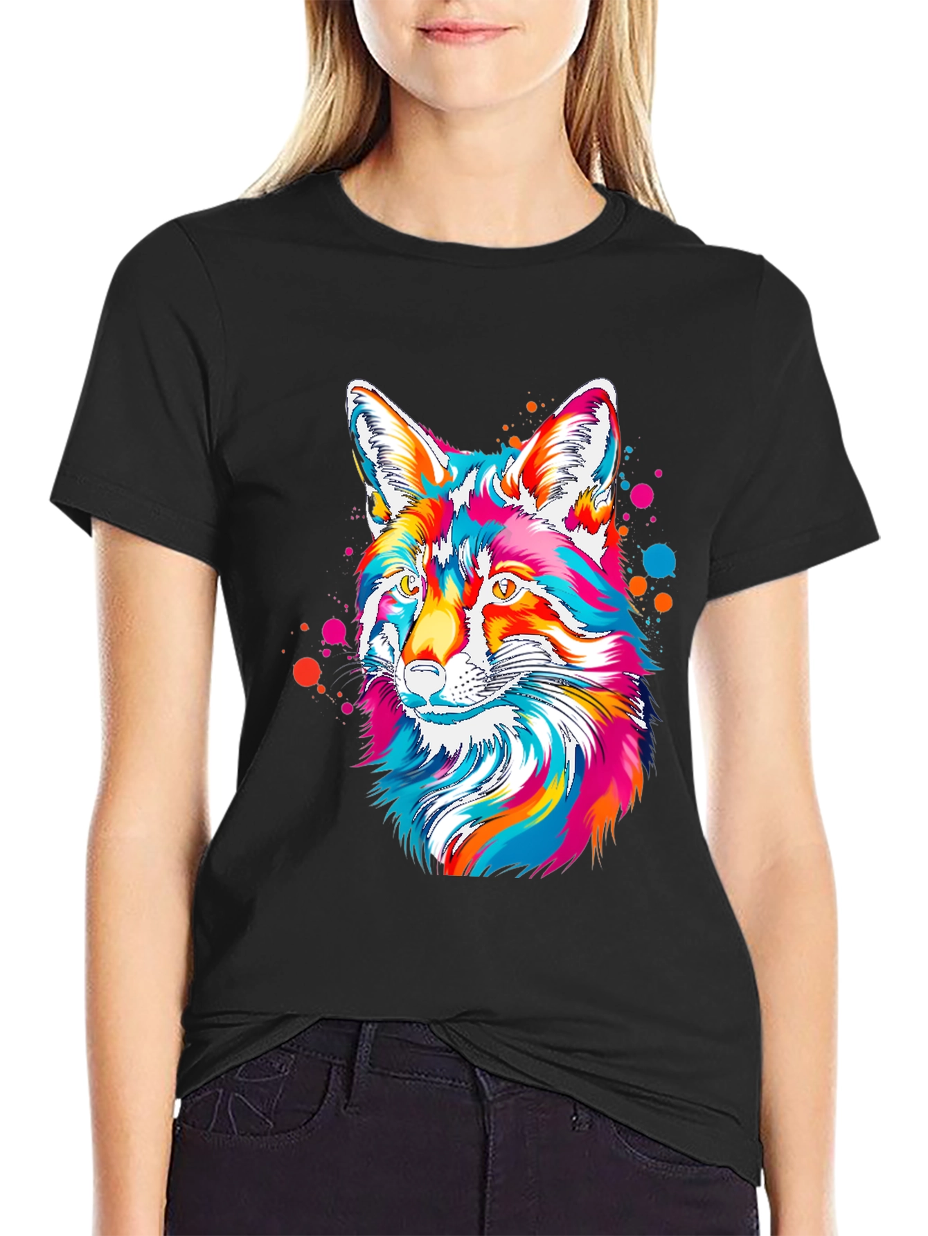 Vibrant Fox Graphic Tee - Artistic Crew Neck T-Shirt