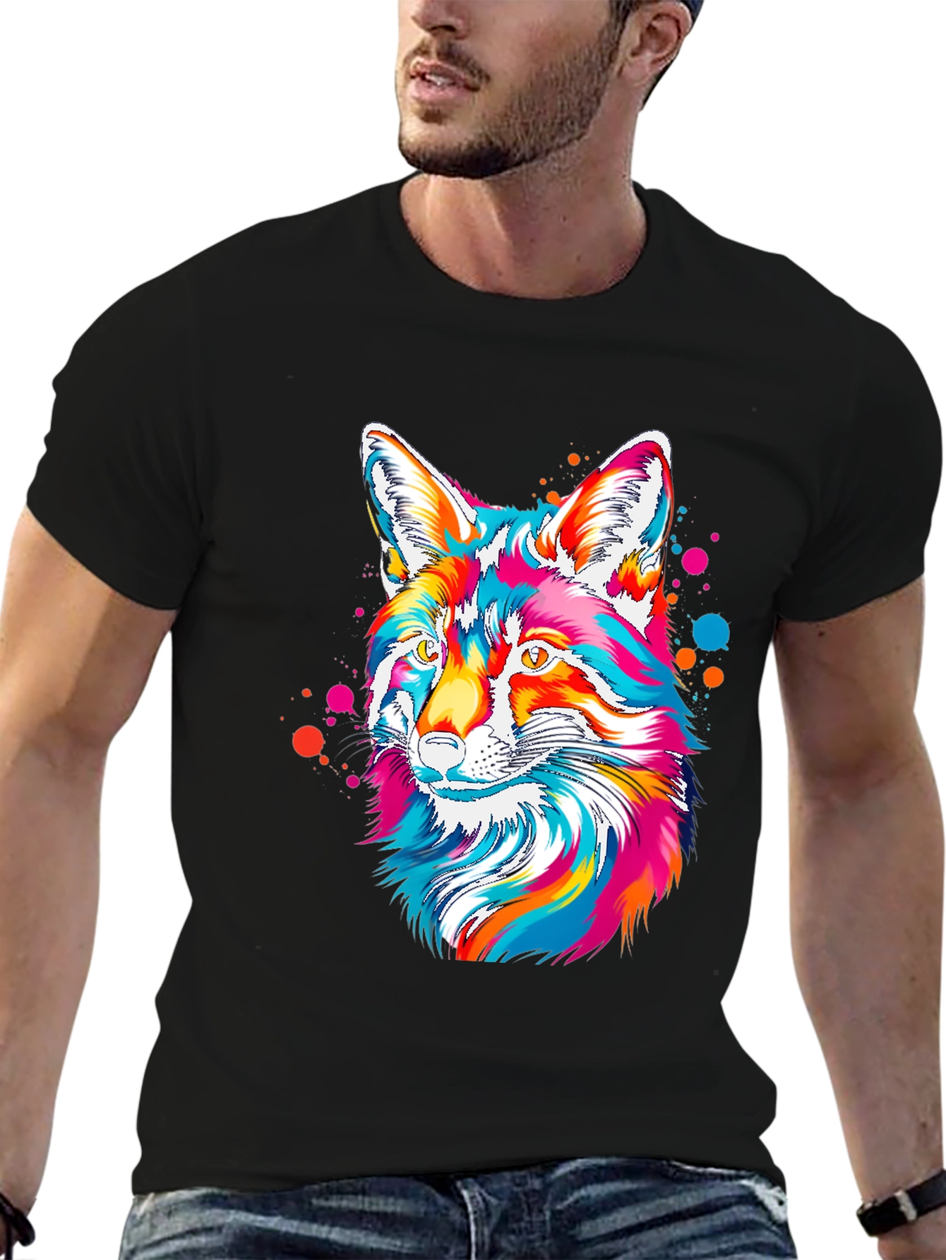 Vibrant Fox Graphic Tee - Artistic Crew Neck T-Shirt