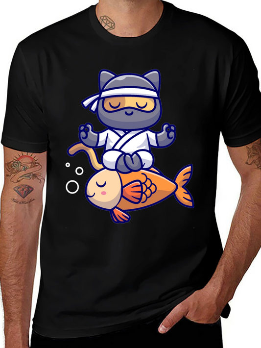 Ninja Cat Riding Fish Graphic Tee - Zen Master Style