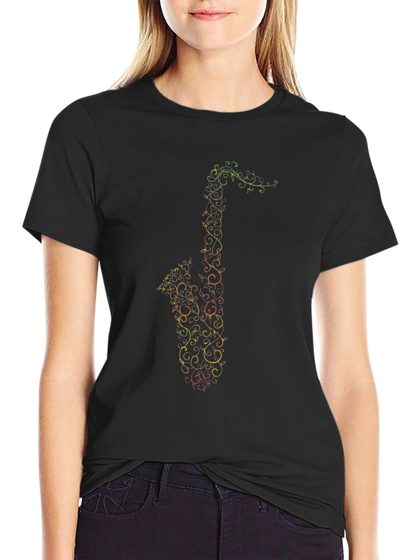 Saxophone Music Notes Graphic Tee - Black