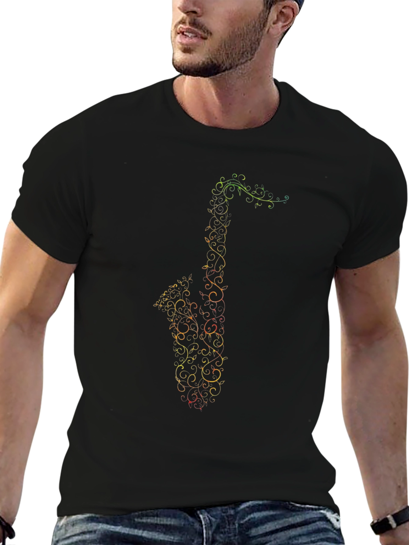 Saxophone Music Notes Graphic Tee - Black