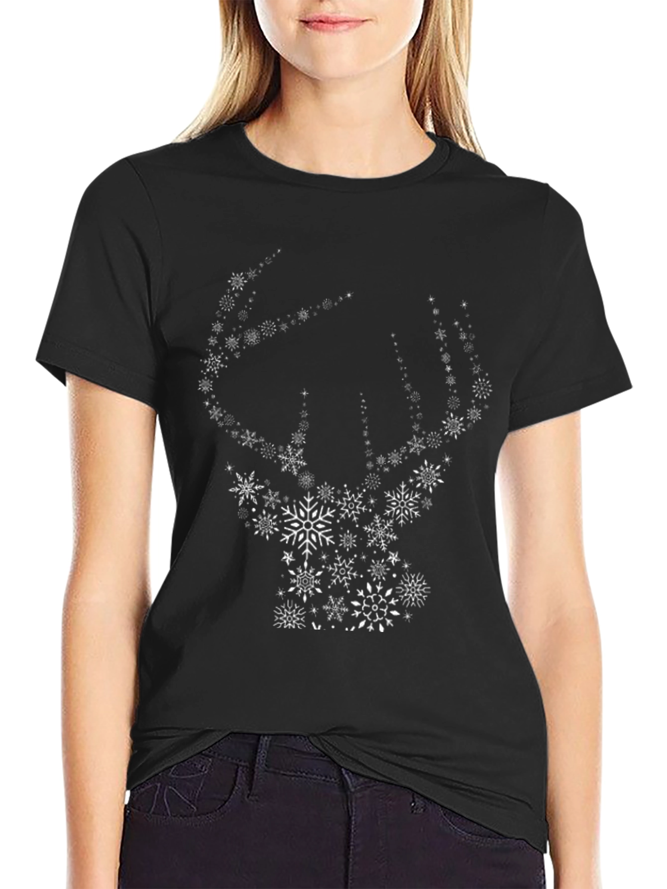 Snowflake Deer Graphic Tee - Black Cotton Blend Shirt