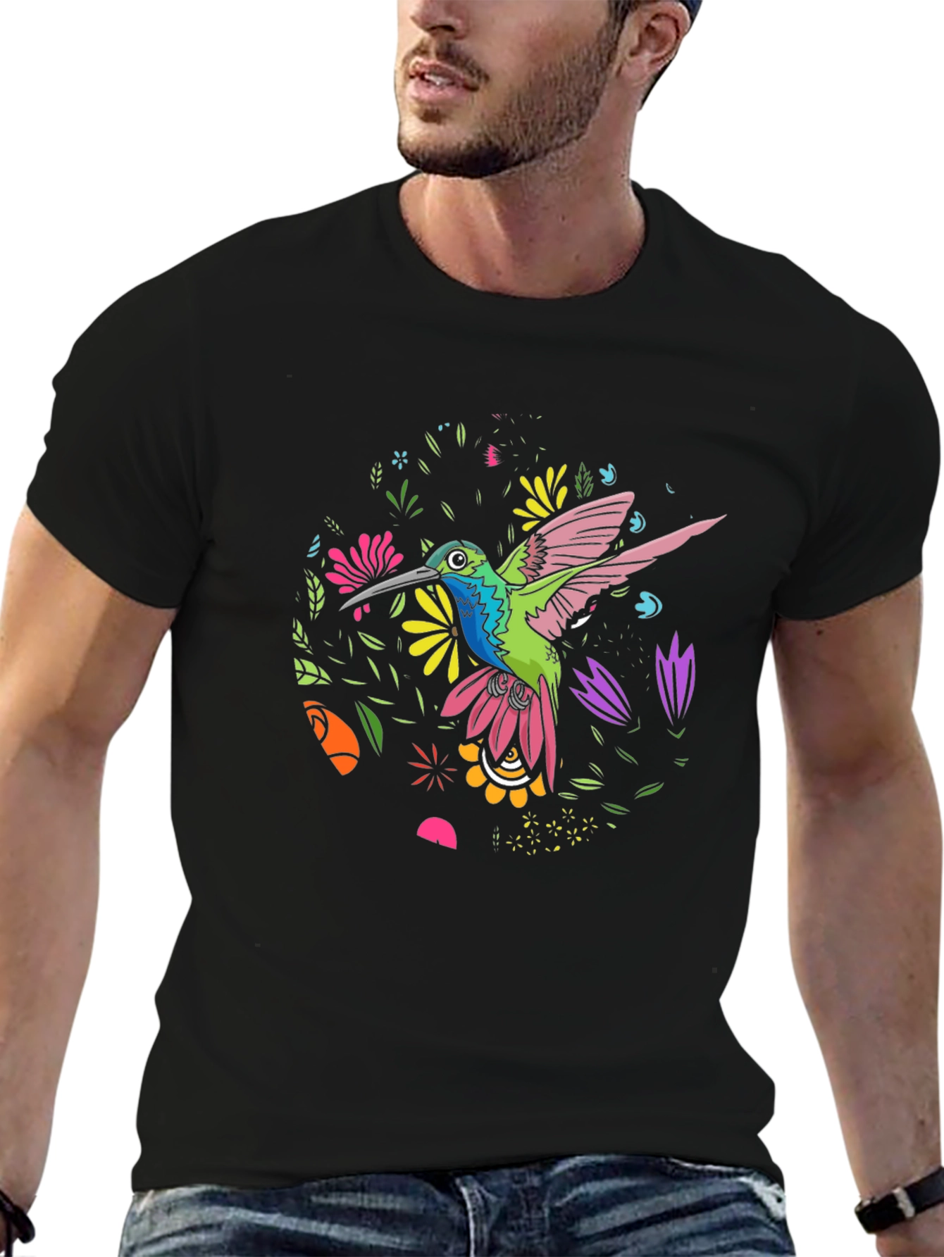 Hummingbird Floral Graphic Tee - Black
