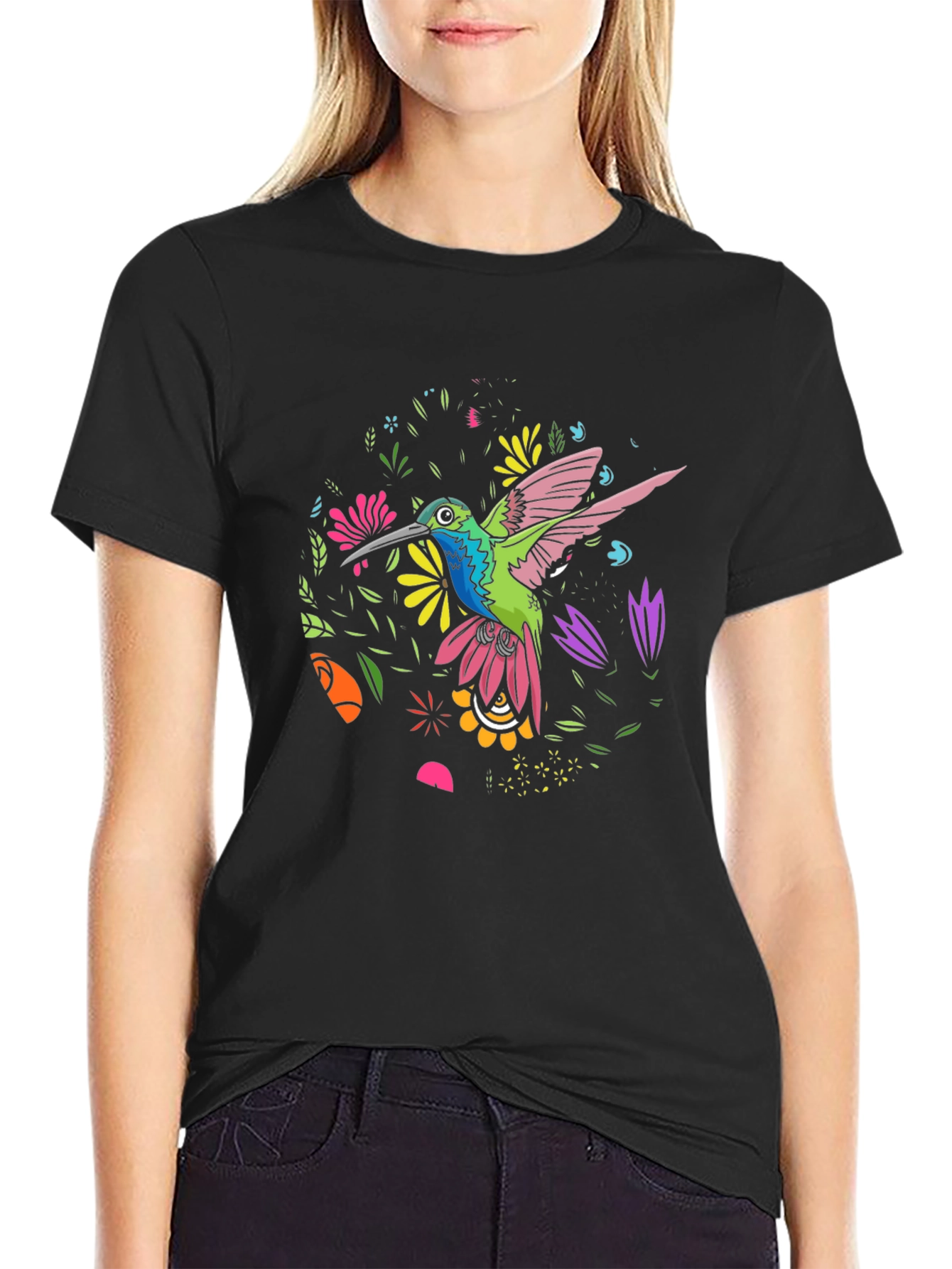 Hummingbird Floral Graphic Tee - Black