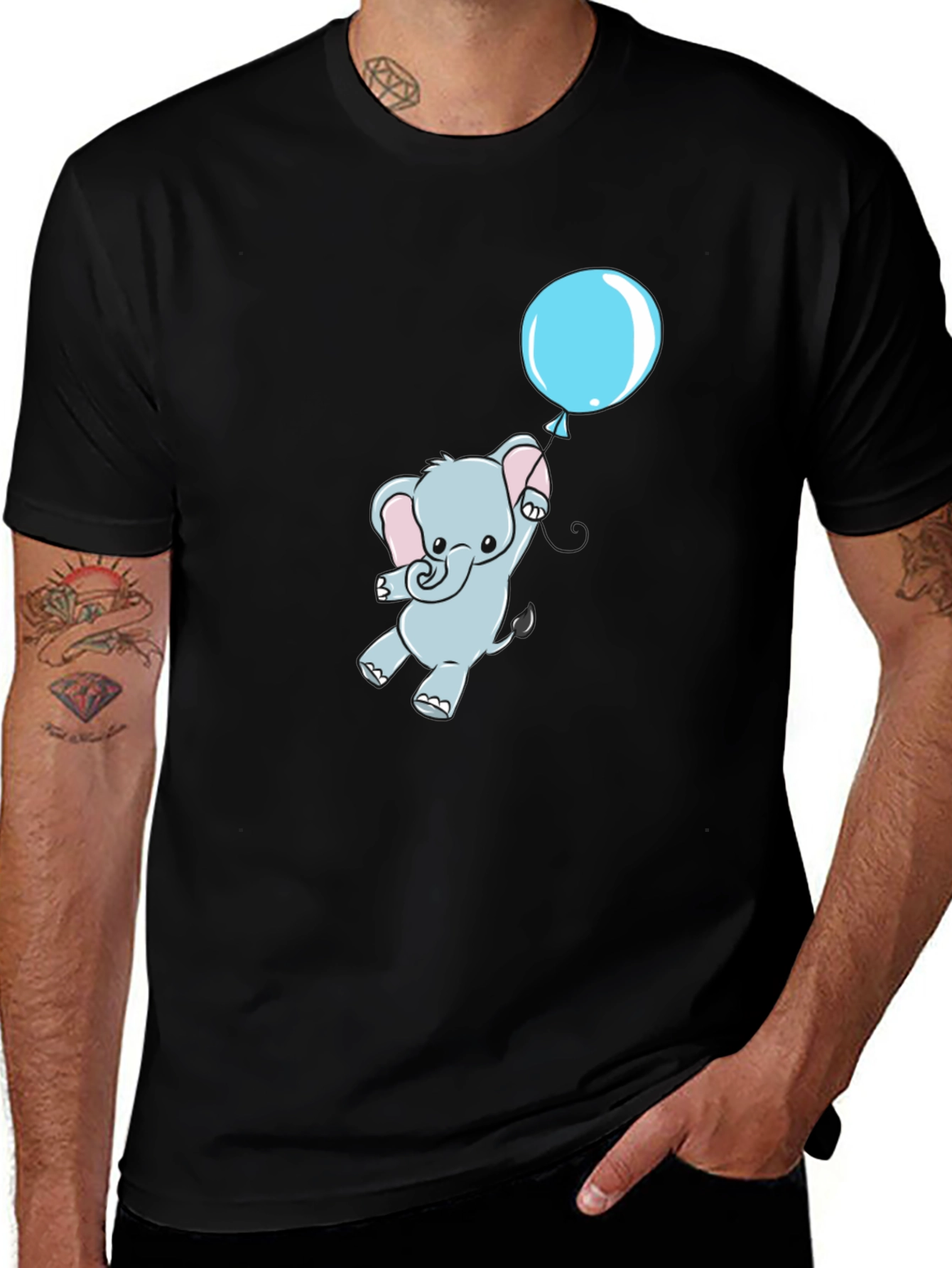 Cute Elephant and Balloon Black T-Shirt