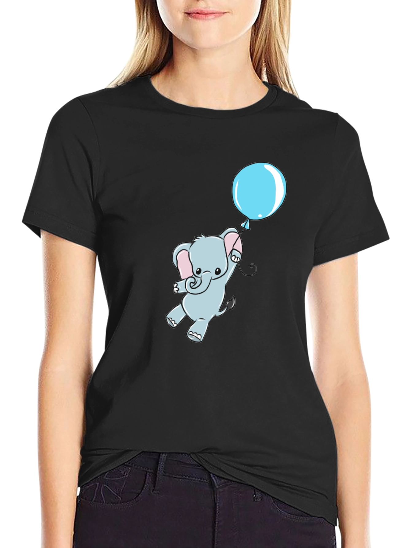 Cute Elephant and Balloon Black T-Shirt