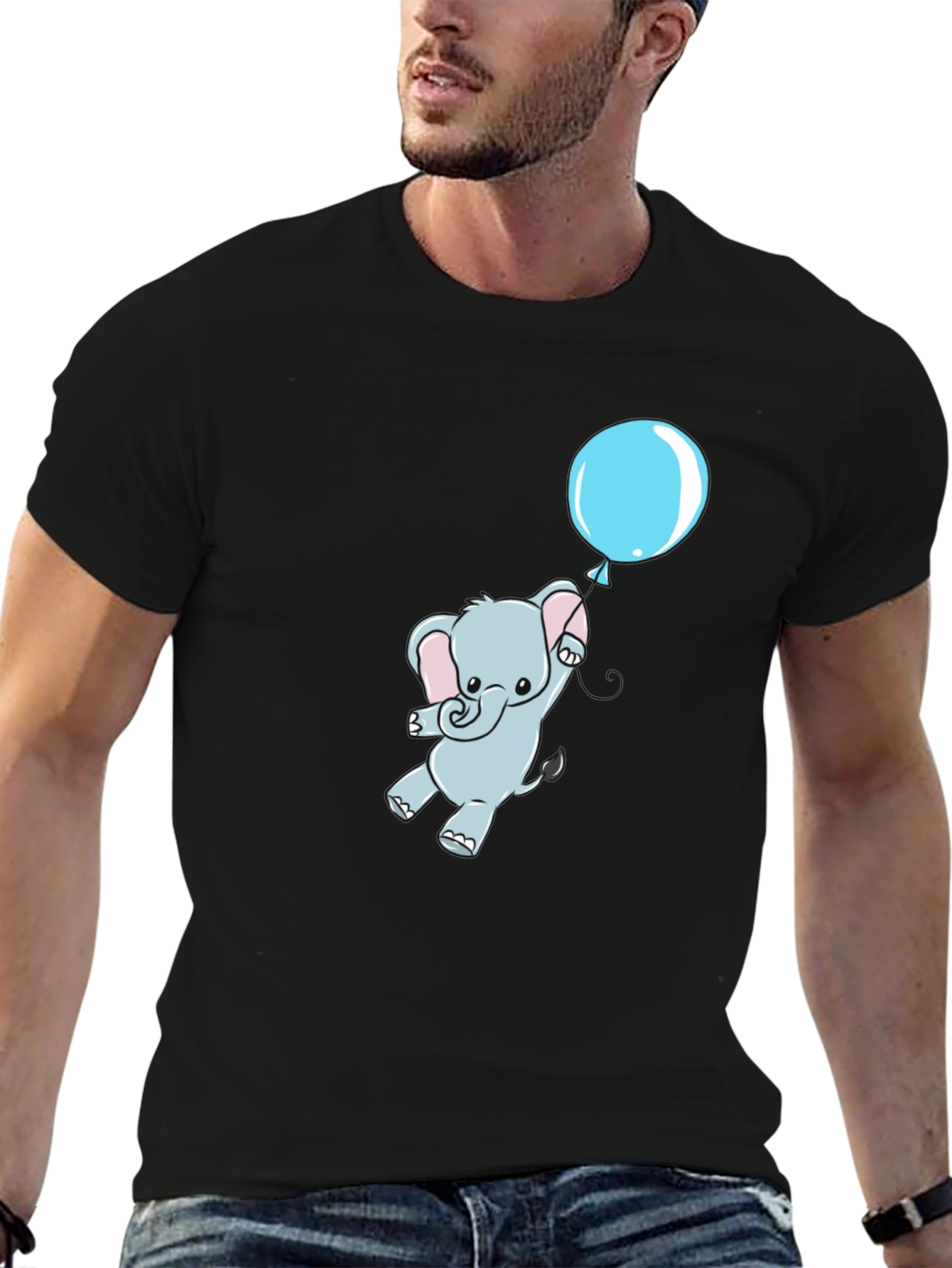 Cute Elephant and Balloon Black T-Shirt