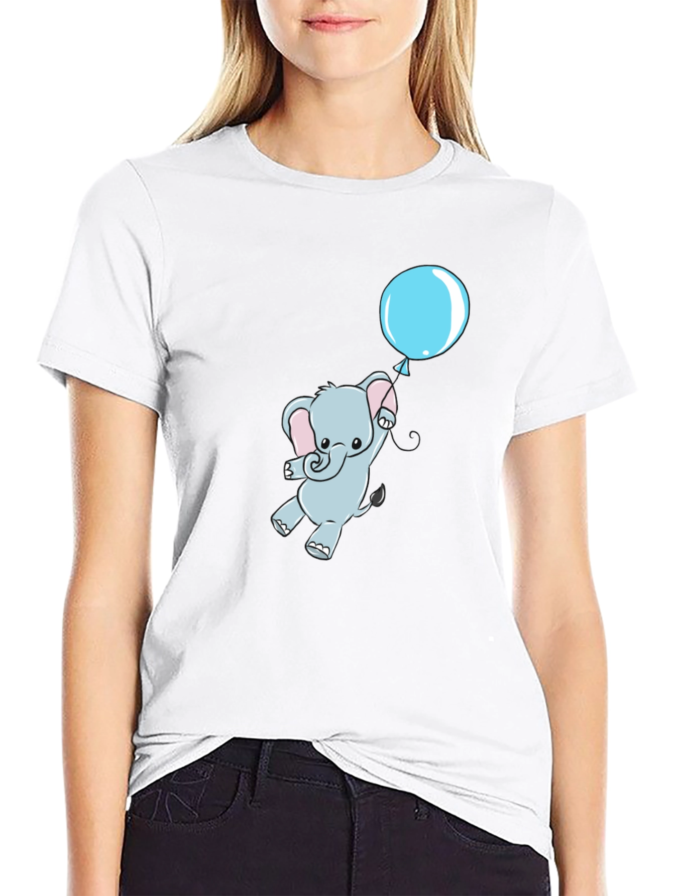 Cute Elephant and Balloon Black T-Shirt