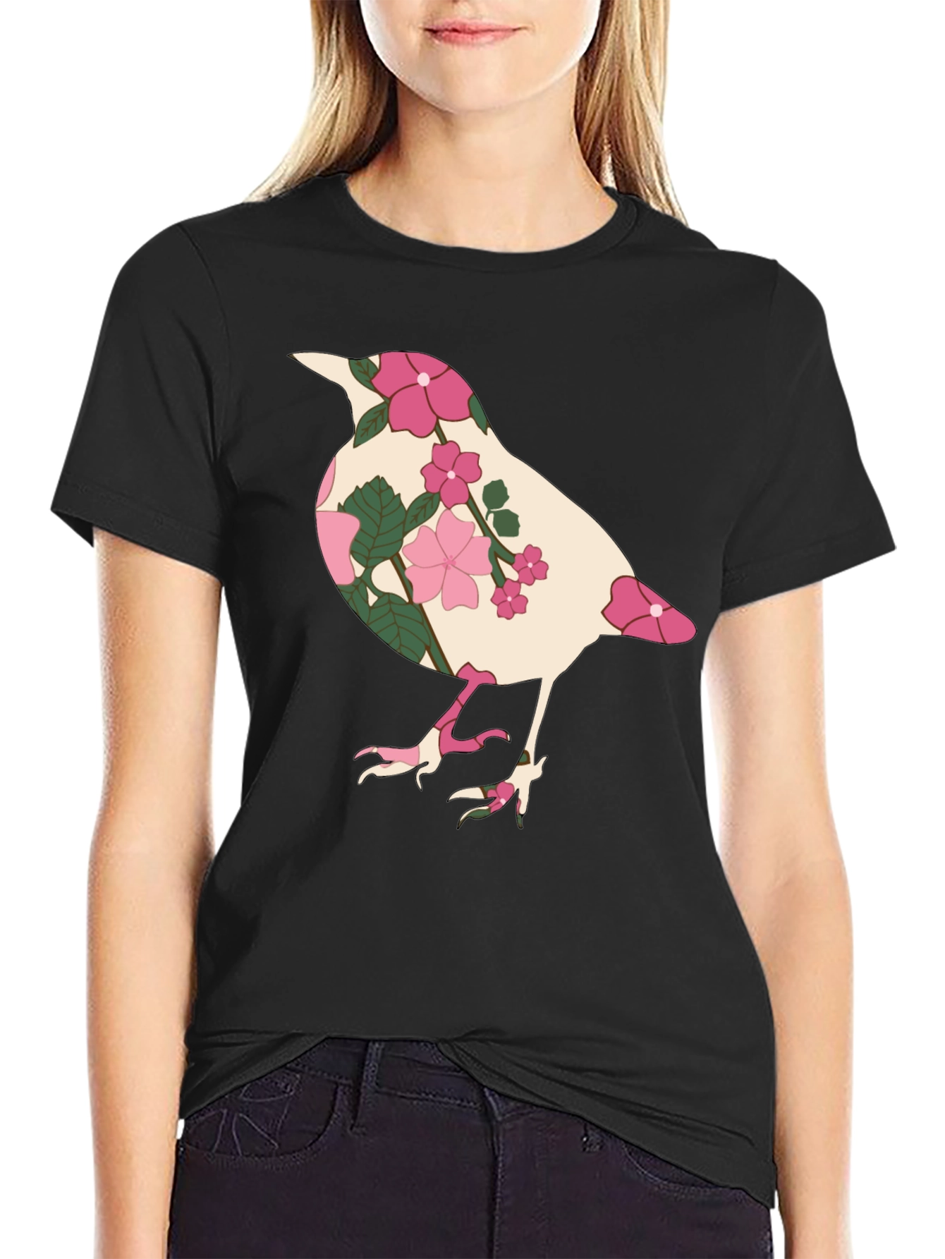 Floral Bird Graphic Tee - Black