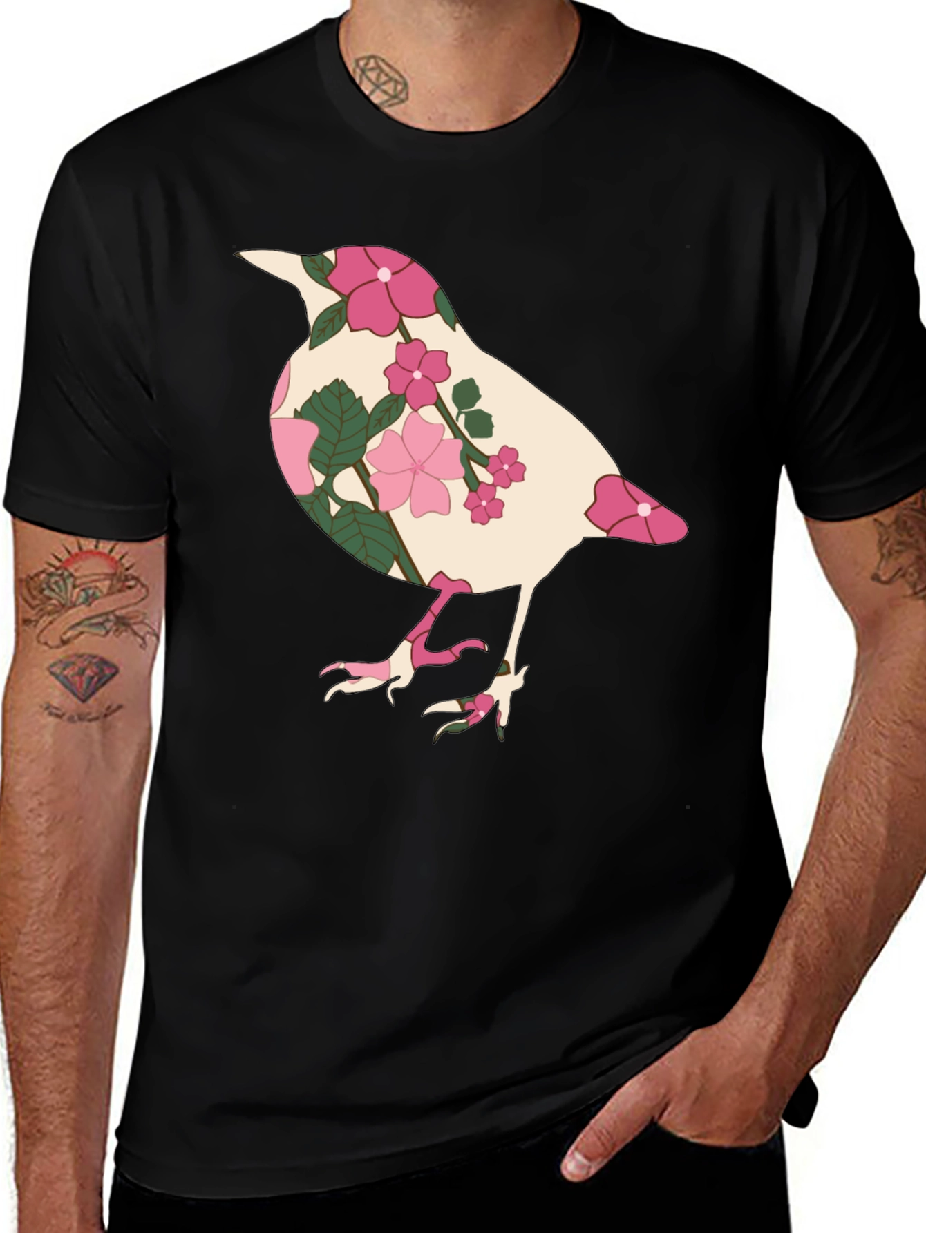 Floral Bird Graphic Tee - Black