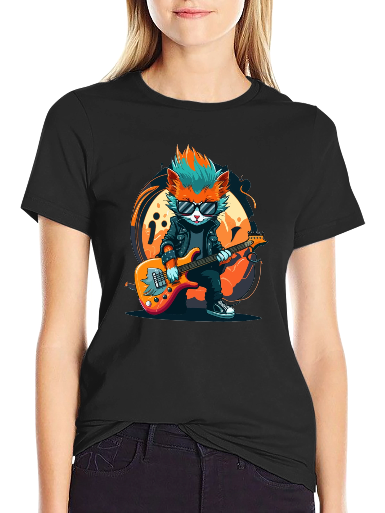 Cool Cat Guitarist Graphic T-Shirt - Rock Star Style