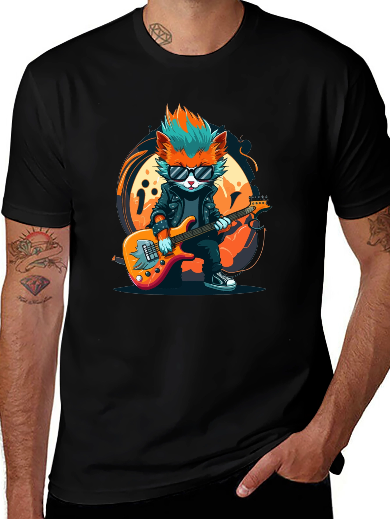 Cool Cat Guitarist Graphic T-Shirt - Rock Star Style