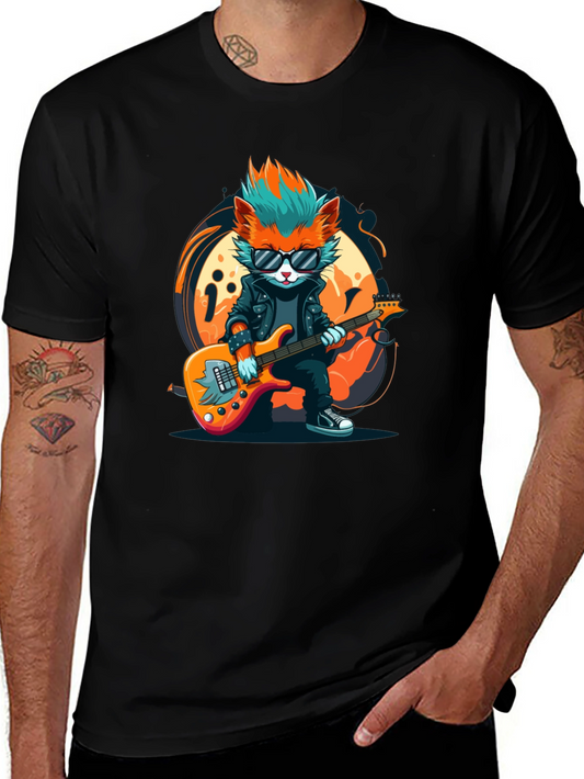 Cool Cat Guitarist Graphic T-Shirt - Rock Star Style