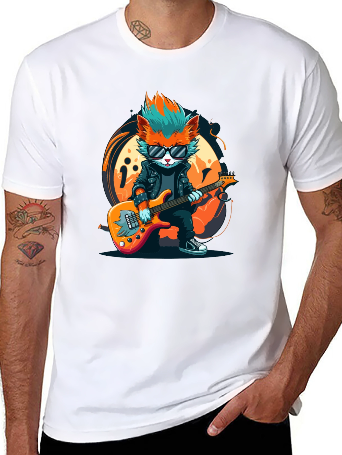 Cool Cat Guitarist Graphic T-Shirt - Rock Star Style