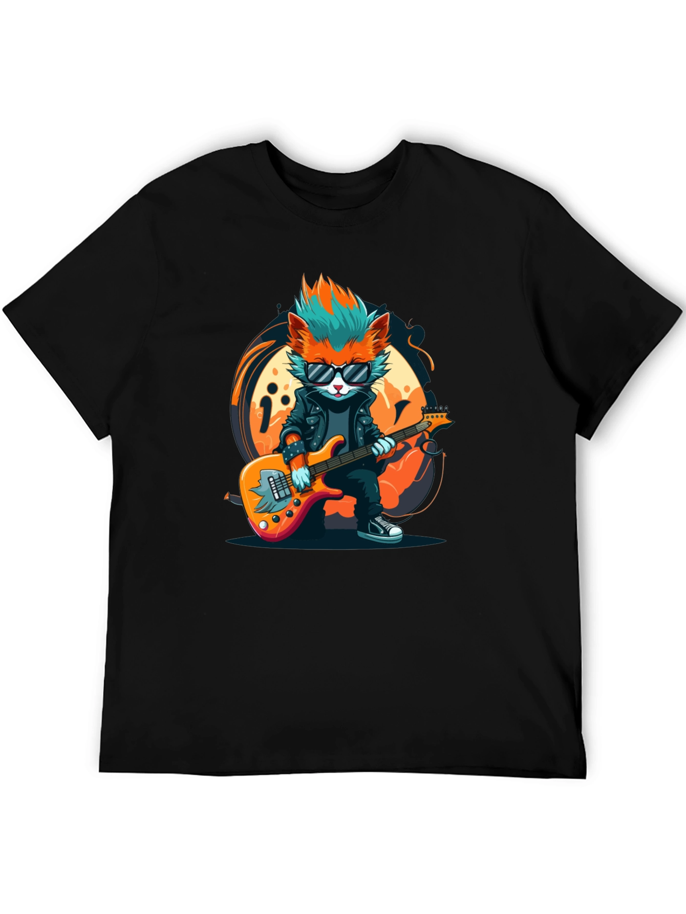 Cool Cat Guitarist Graphic T-Shirt - Rock Star Style