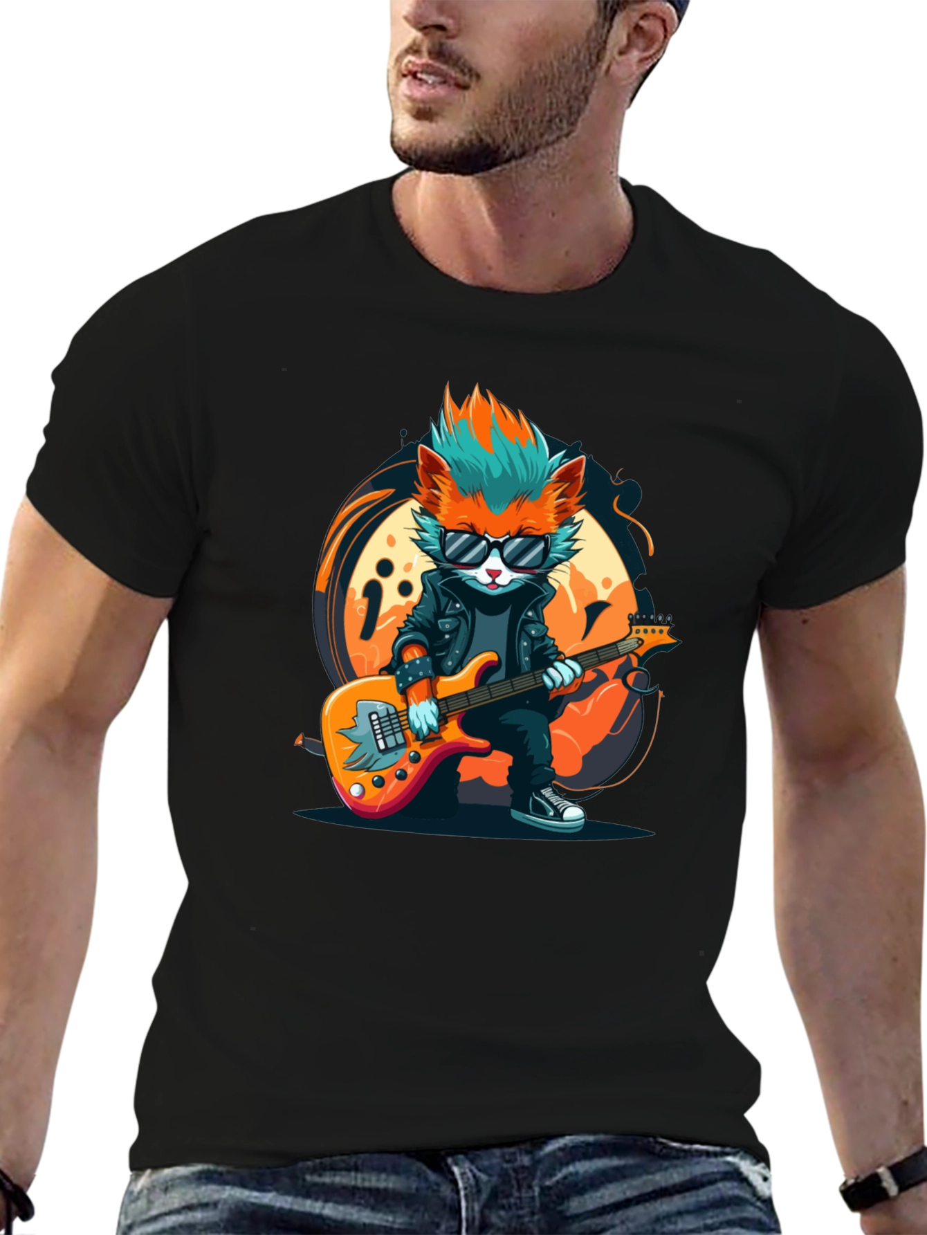 Cool Cat Guitarist Graphic T-Shirt - Rock Star Style