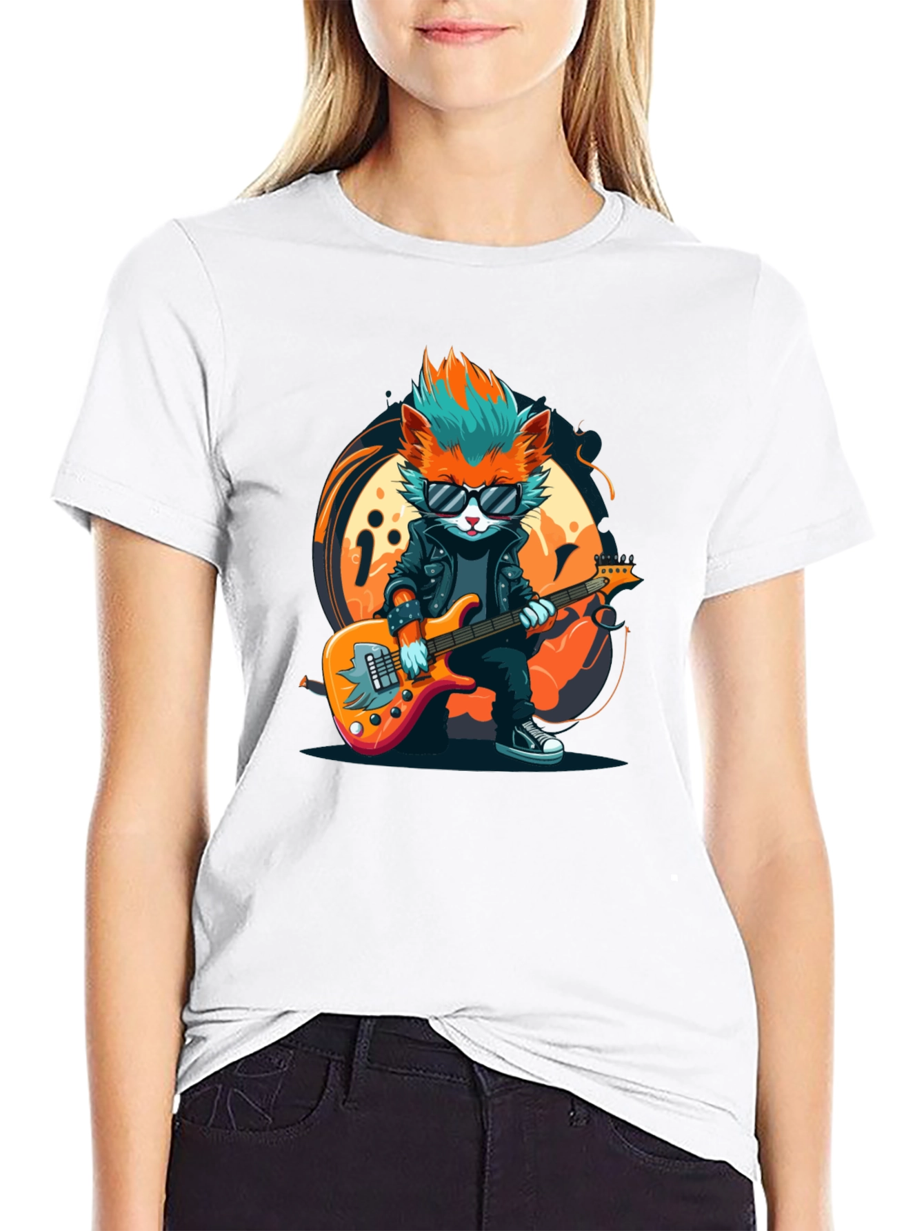 Cool Cat Guitarist Graphic T-Shirt - Rock Star Style
