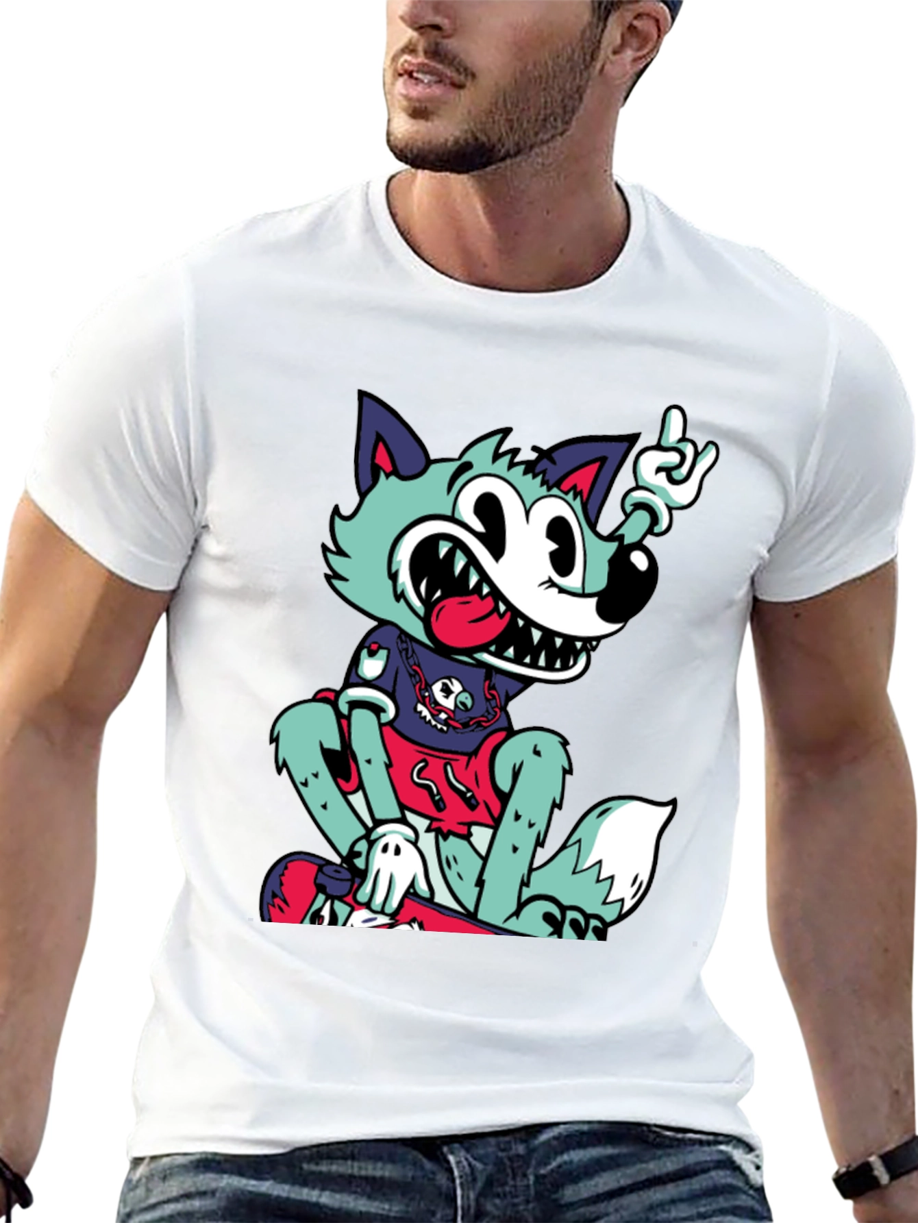 Cartoon Wolf Graphic Black T-Shirt