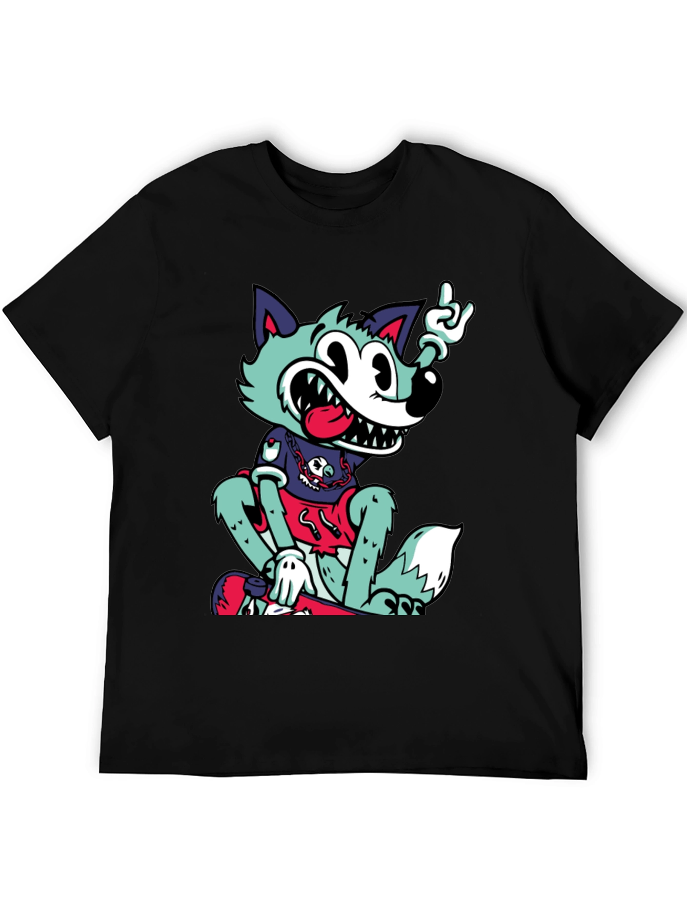 Cartoon Wolf Graphic Black T-Shirt
