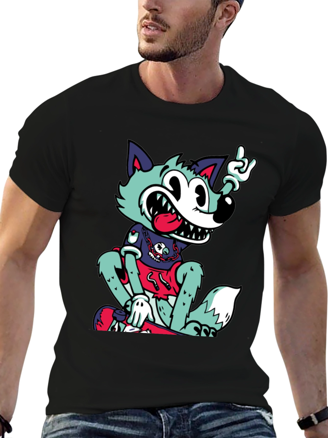 Cartoon Wolf Graphic Black T-Shirt