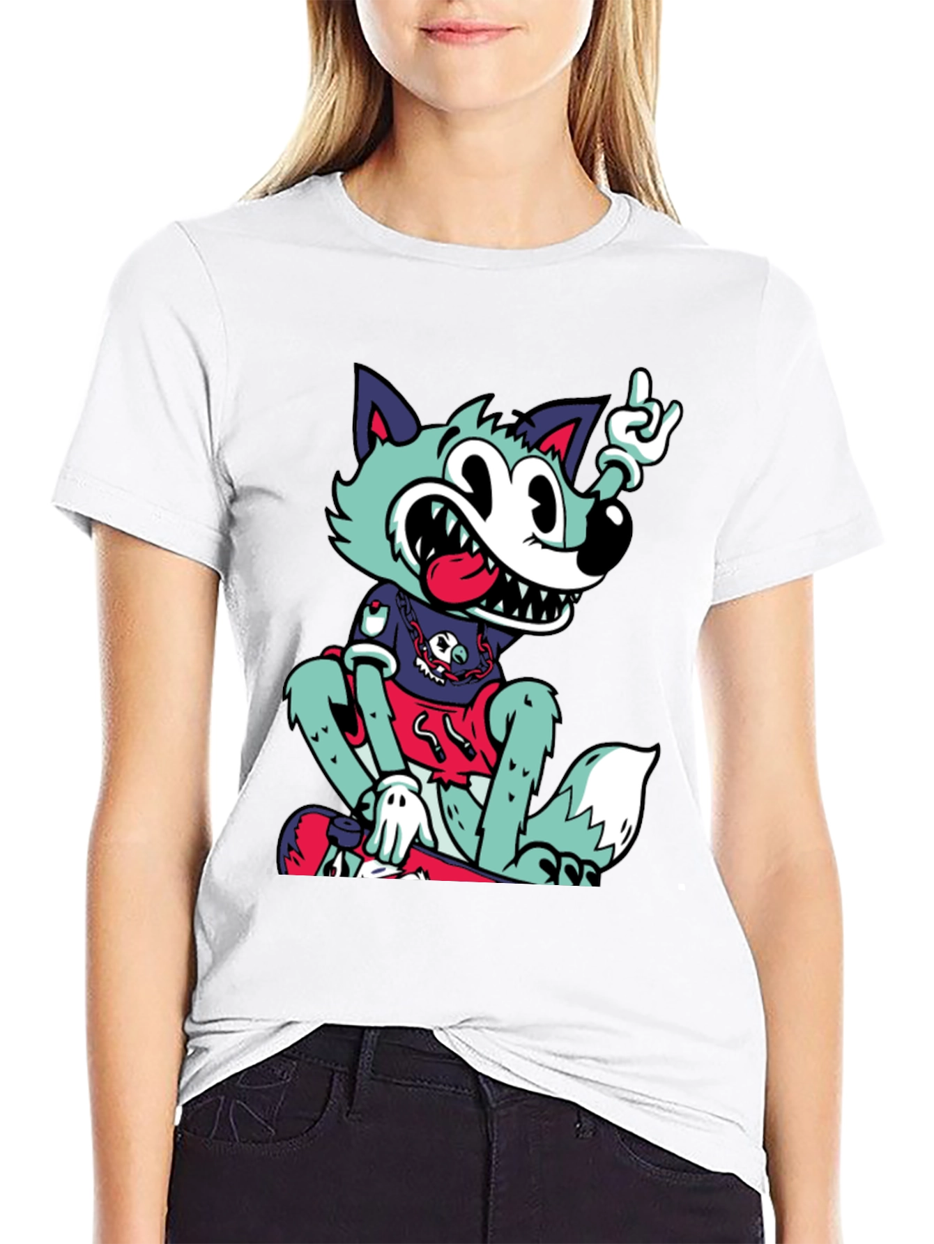 Cartoon Wolf Graphic Black T-Shirt