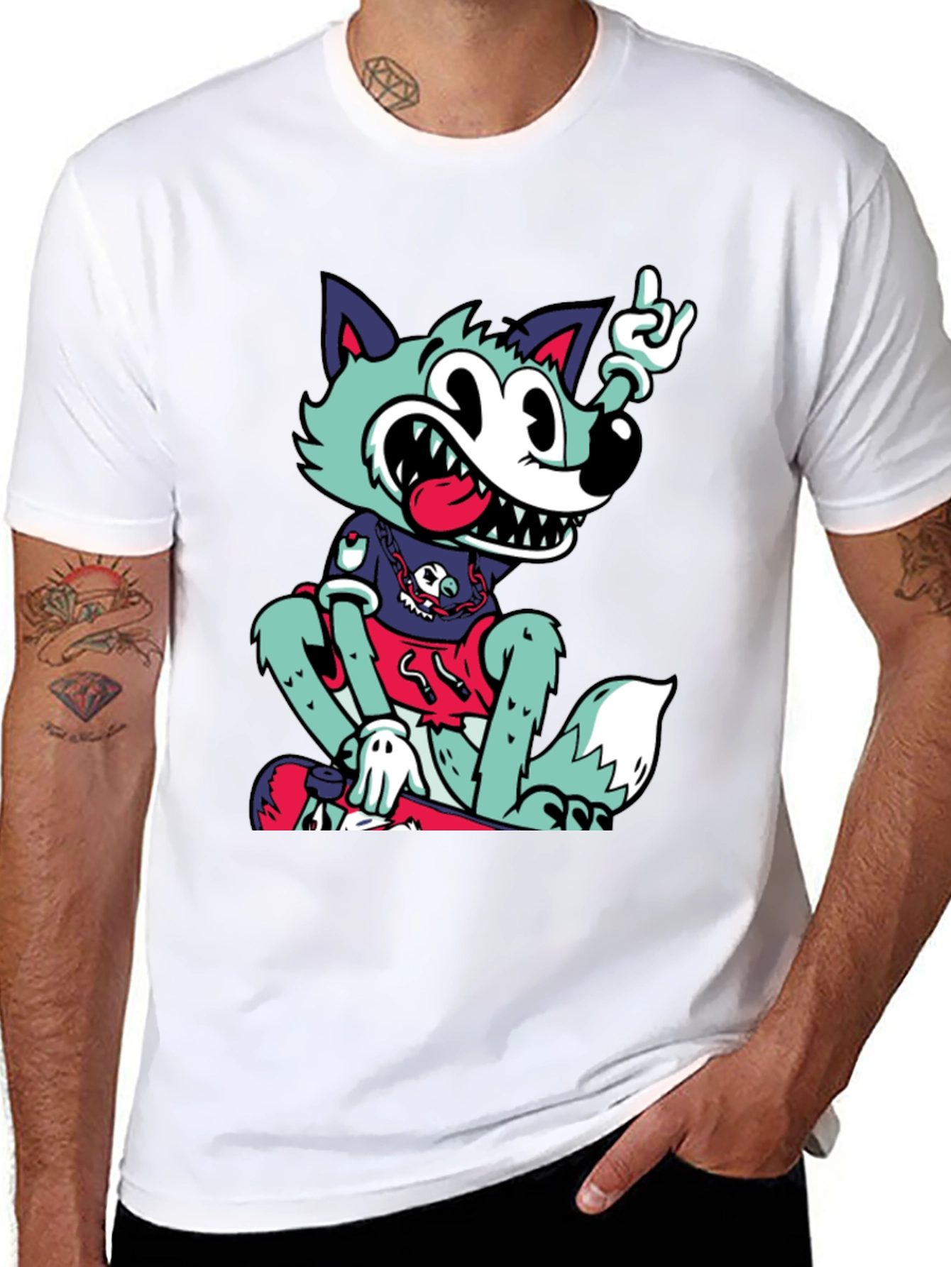 Cartoon Wolf Graphic Black T-Shirt