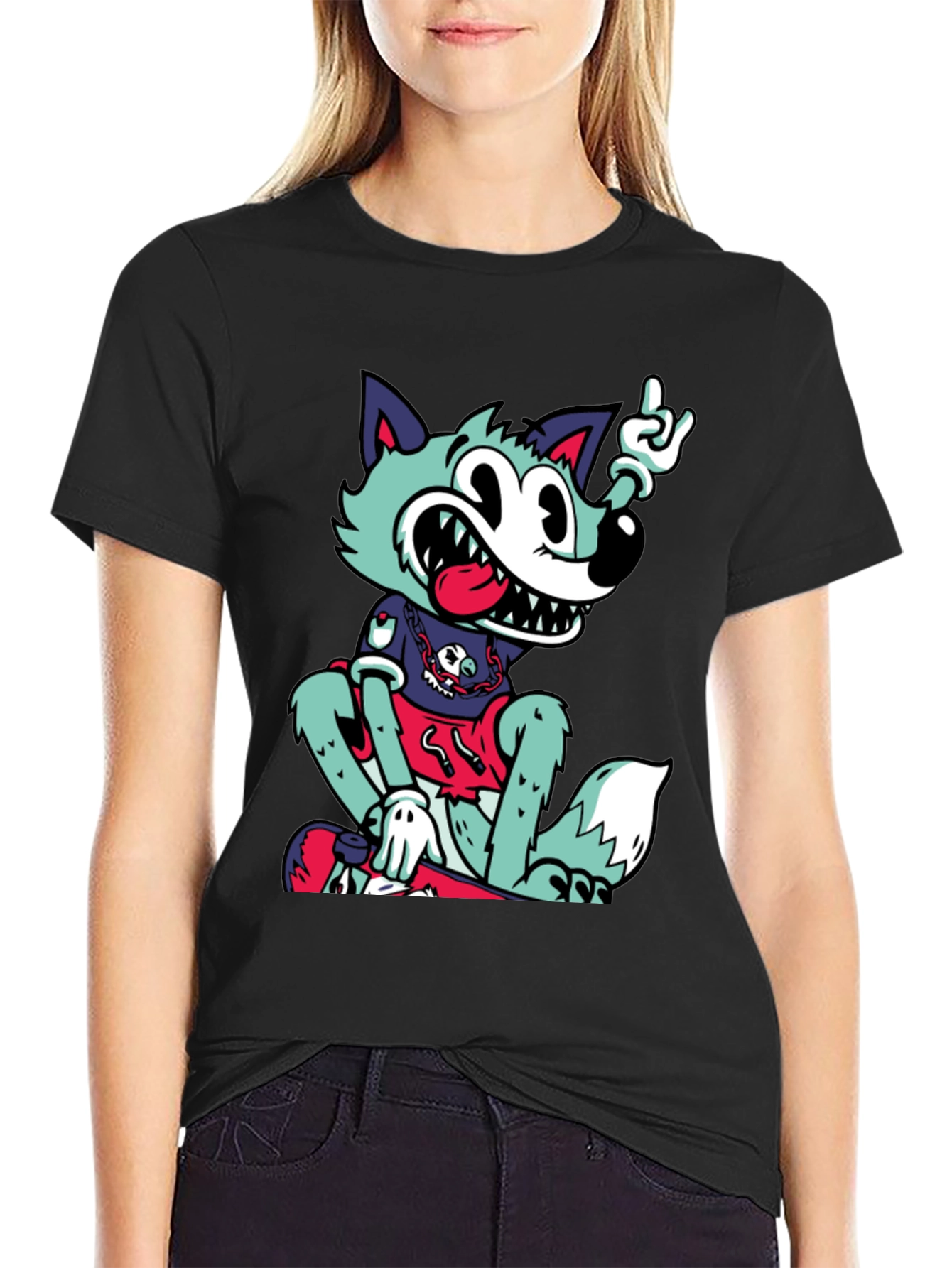 Cartoon Wolf Graphic Black T-Shirt