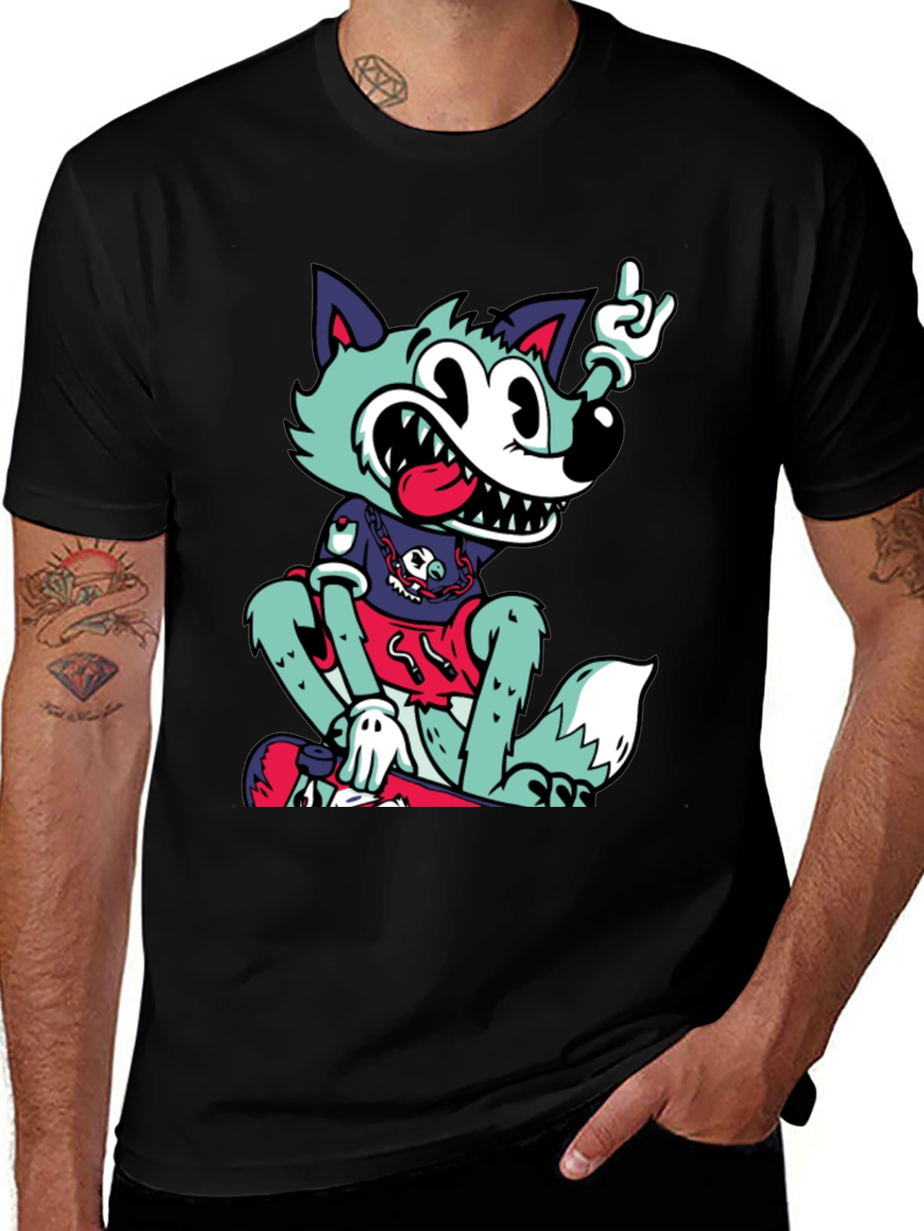Cartoon Wolf Graphic Black T-Shirt
