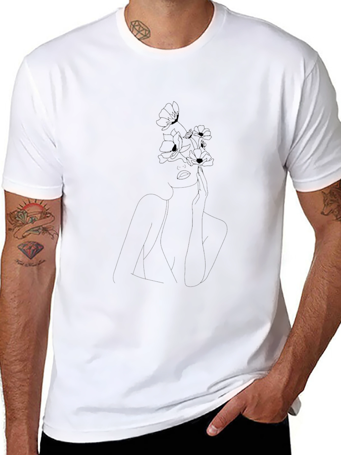 Minimalist Floral Woman Black T-Shirt