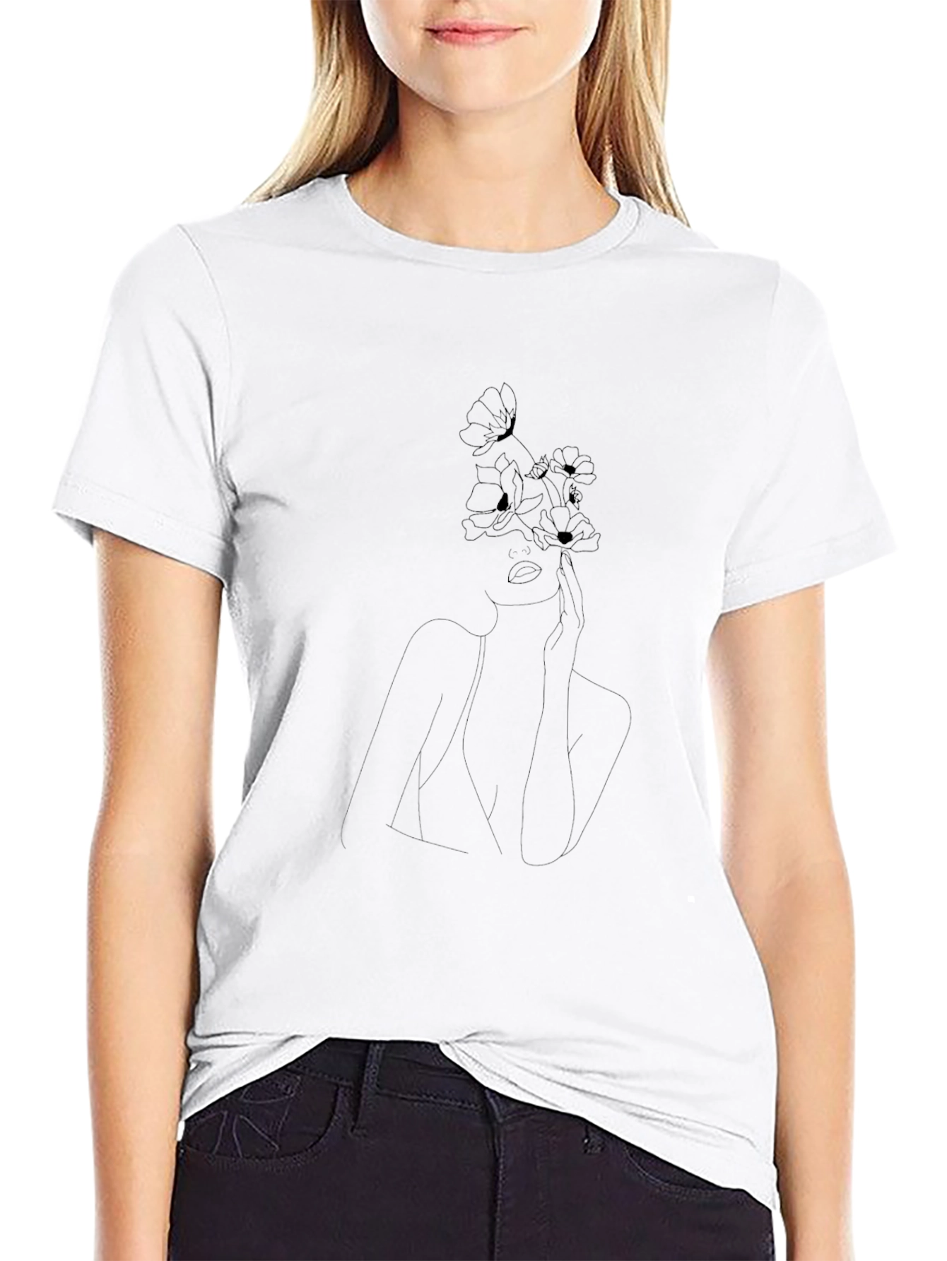 Minimalist Floral Woman Black T-Shirt