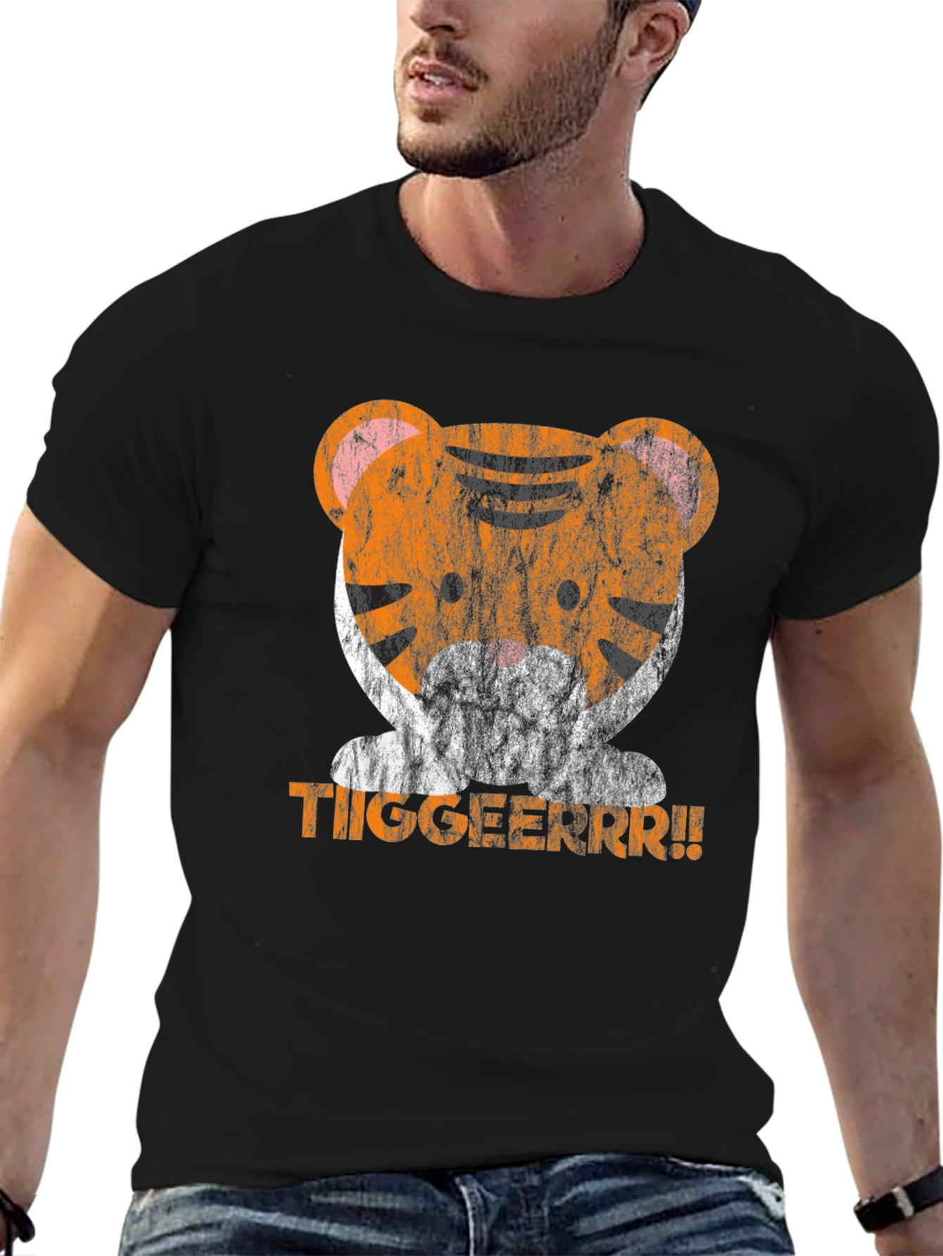 Cute Tiger Graphic Tee - Distressed Print
