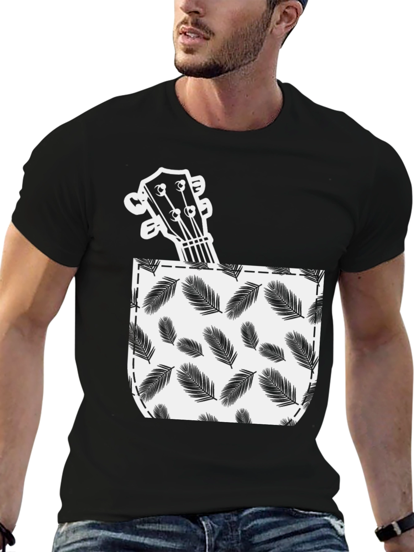 Ukulele in Pocket T-Shirt - Tropical Leaf Print