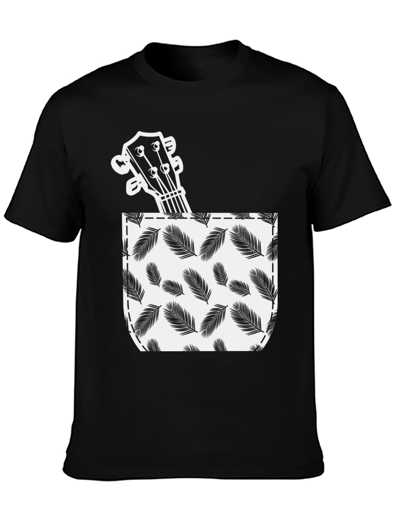 Ukulele in Pocket T-Shirt - Tropical Leaf Print