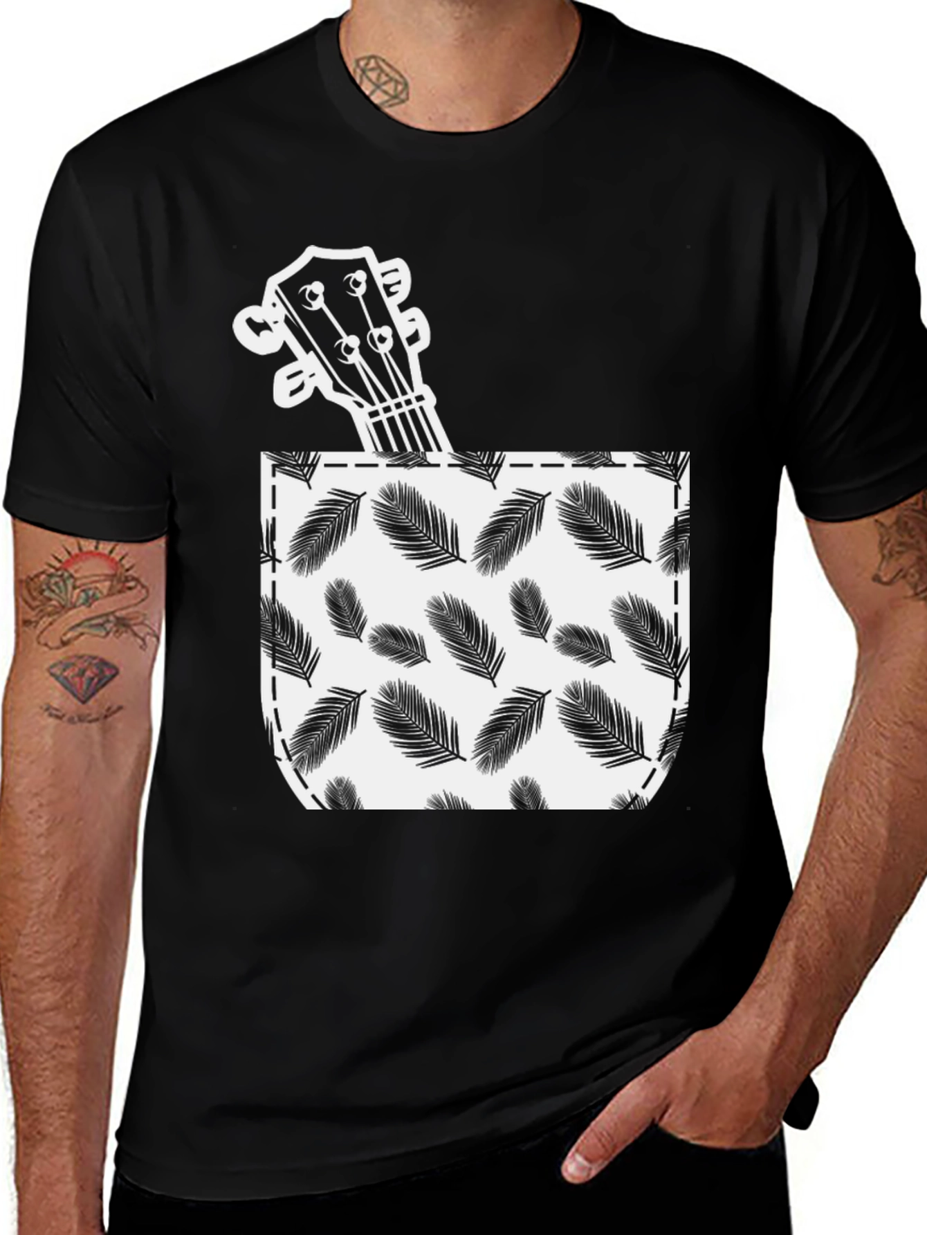 Ukulele in Pocket T-Shirt - Tropical Leaf Print