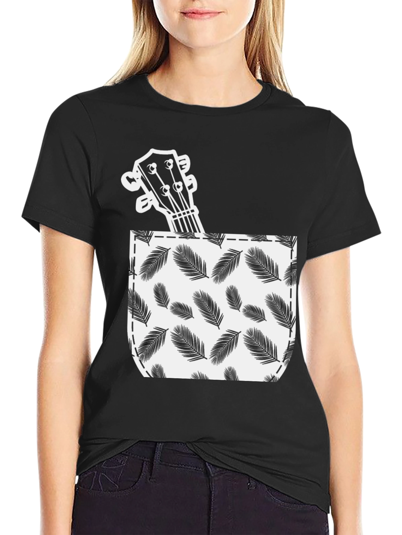 Ukulele in Pocket T-Shirt - Tropical Leaf Print