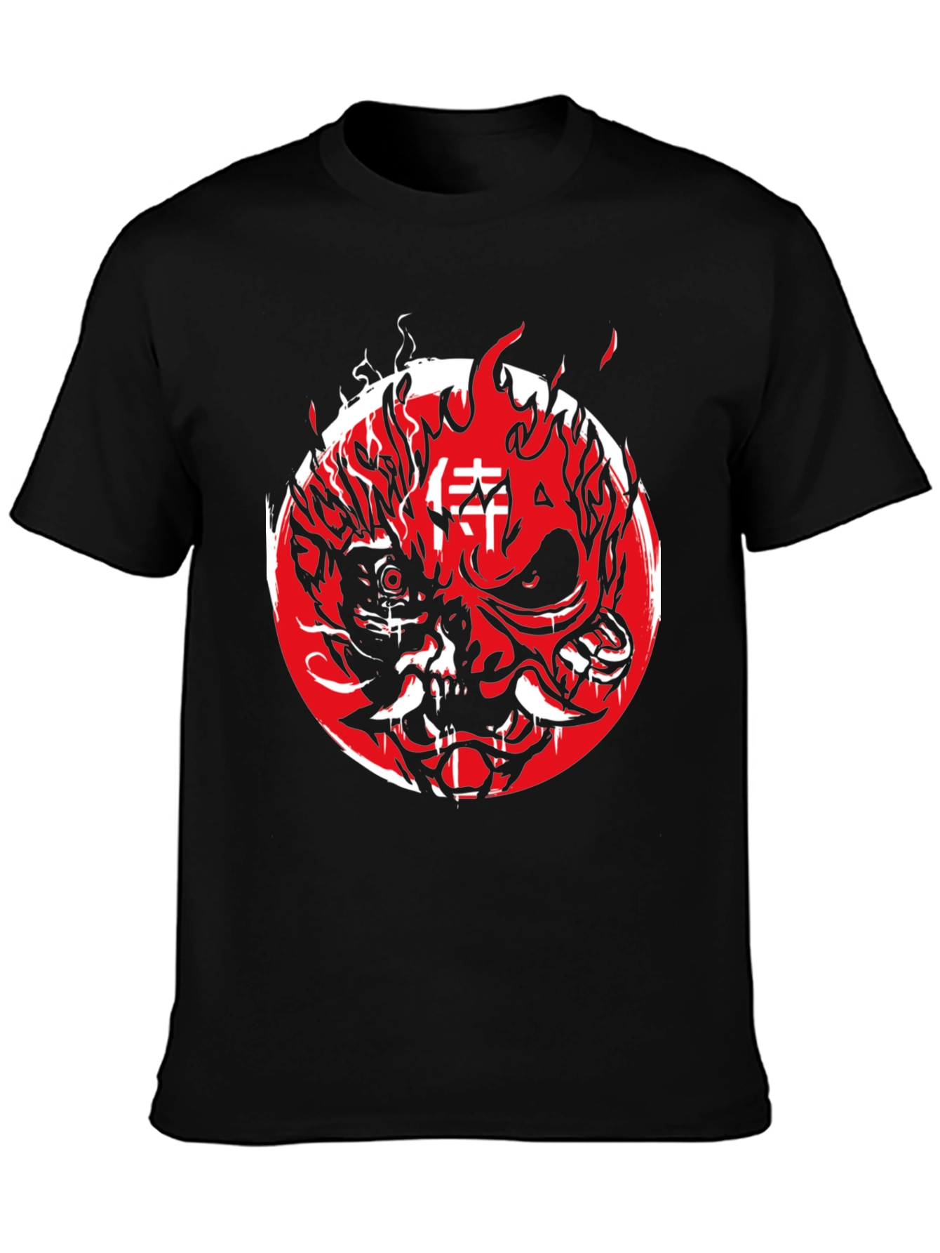 Cyberpunk Oni Mask Graphic Tee - Red & Black