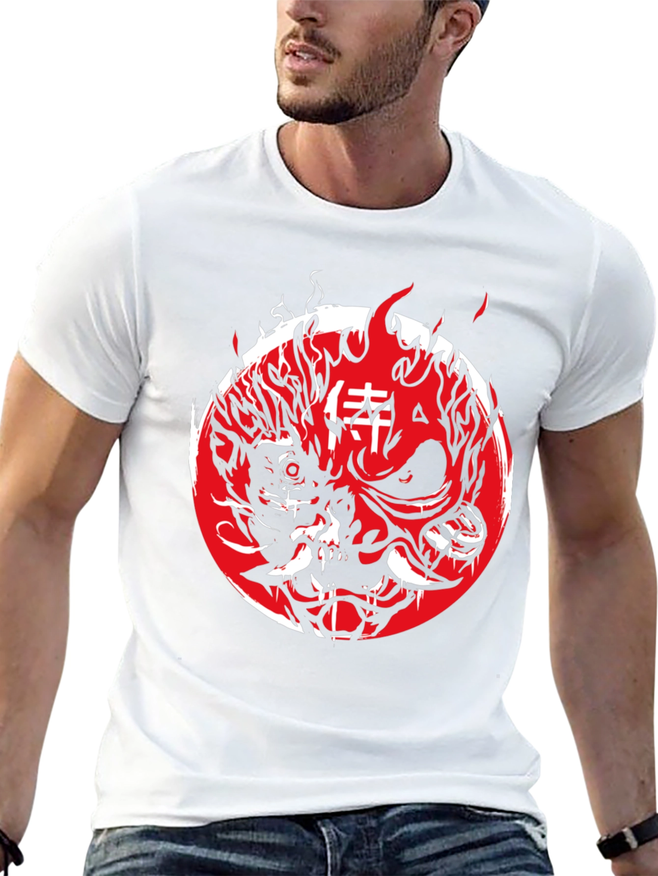 Cyberpunk Oni Mask Graphic Tee - Red & Black