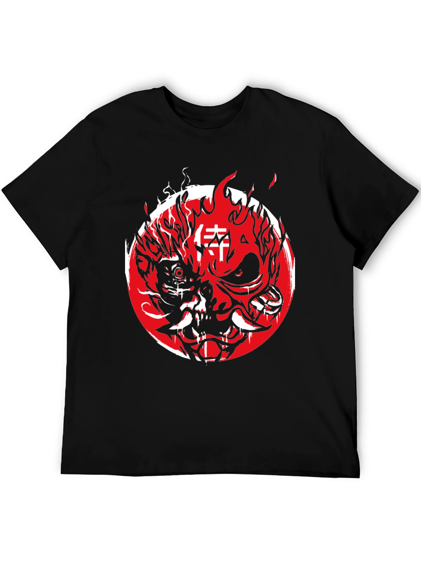 Cyberpunk Oni Mask Graphic Tee - Red & Black