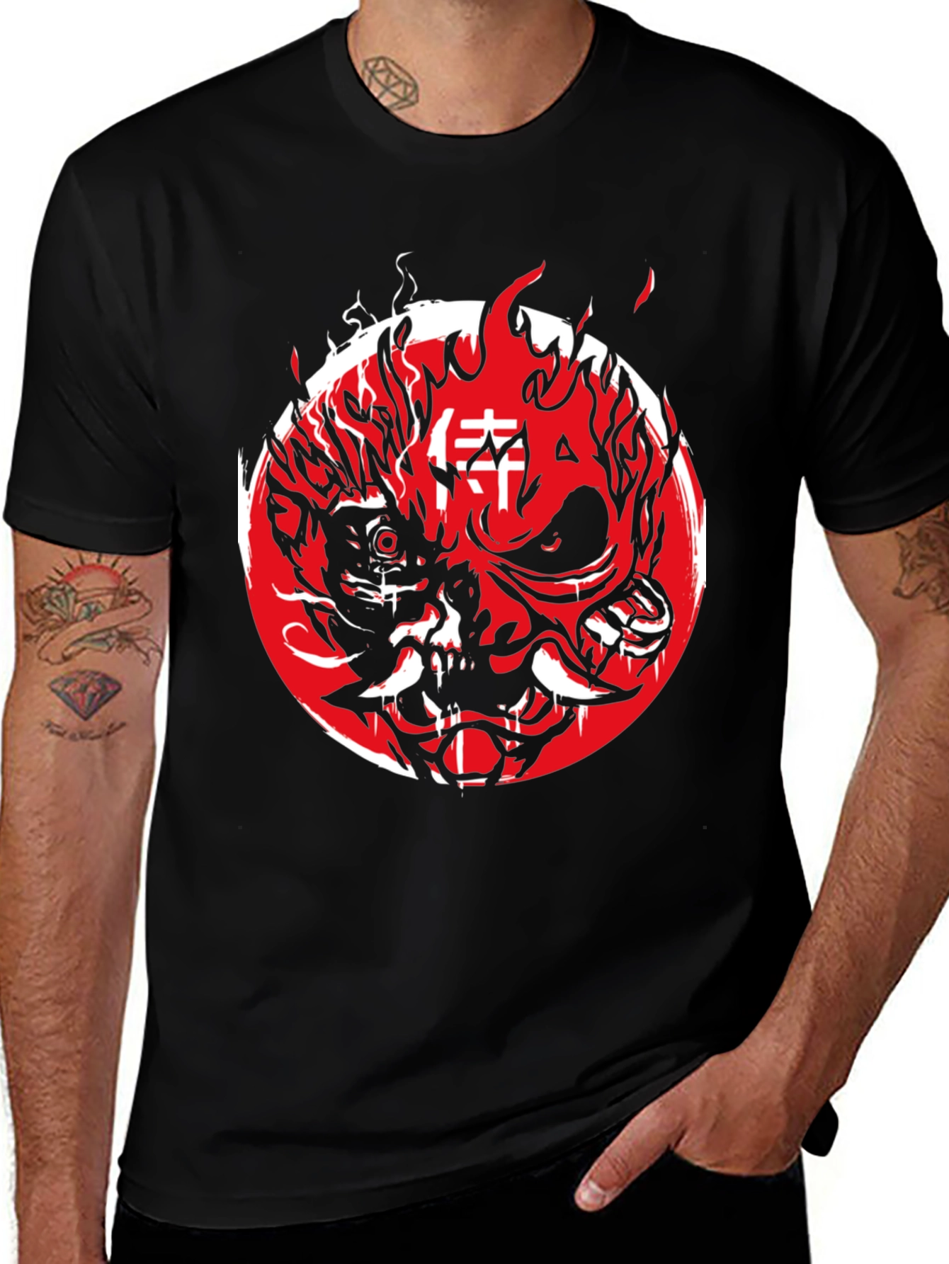 Cyberpunk Oni Mask Graphic Tee - Red & Black
