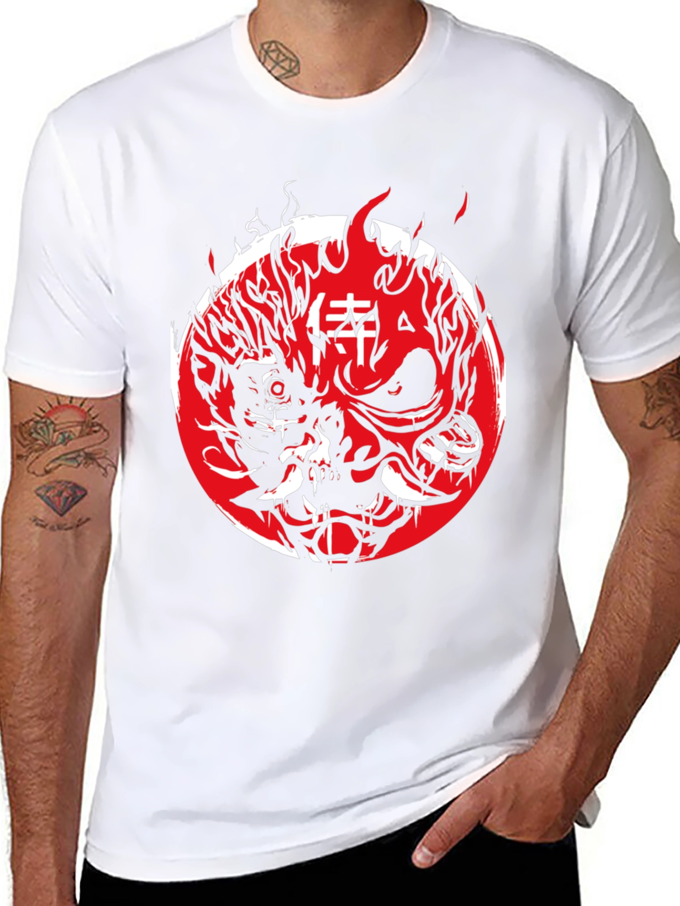 Cyberpunk Oni Mask Graphic Tee - Red & Black